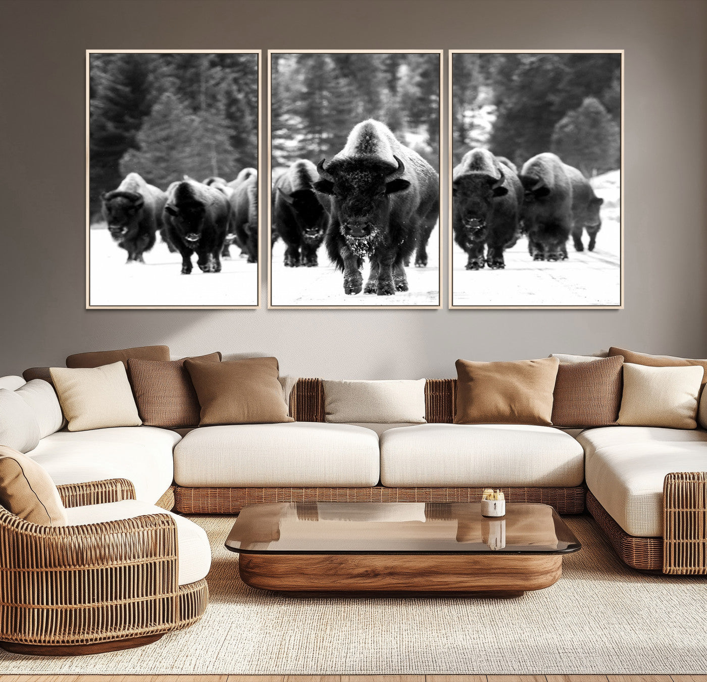 62434-MGV-CV-36X24-Bison Herd in Snow Wall Art Canvas Print | Rustic Western Bison Wall Art for Decor for Living Room, Office, and Farmhouse Decor | Framed