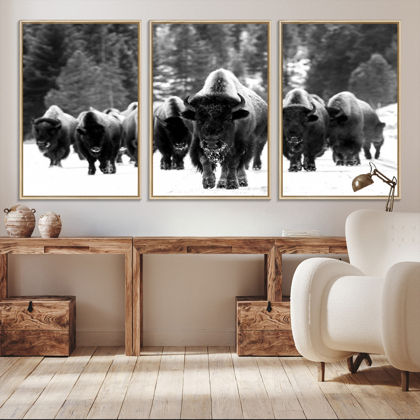 62434-MGV-CV-36X24-Bison Herd in Snow Wall Art Canvas Print | Rustic Western Bison Wall Art for Decor for Living Room, Office, and Farmhouse Decor | Framed