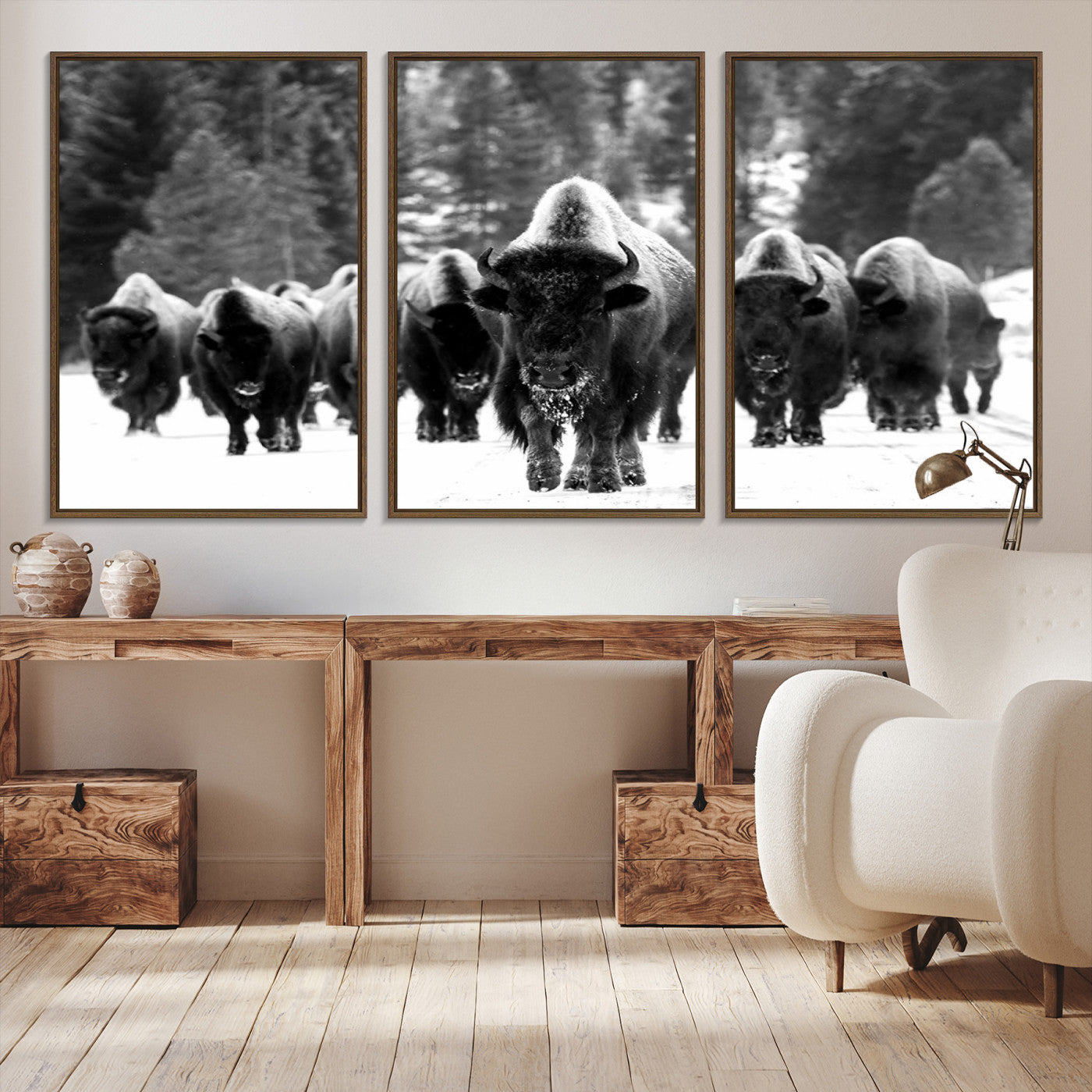 62434-MGV-CV-36X24-Bison Herd in Snow Wall Art Canvas Print | Rustic Western Bison Wall Art for Decor for Living Room, Office, and Farmhouse Decor | Framed