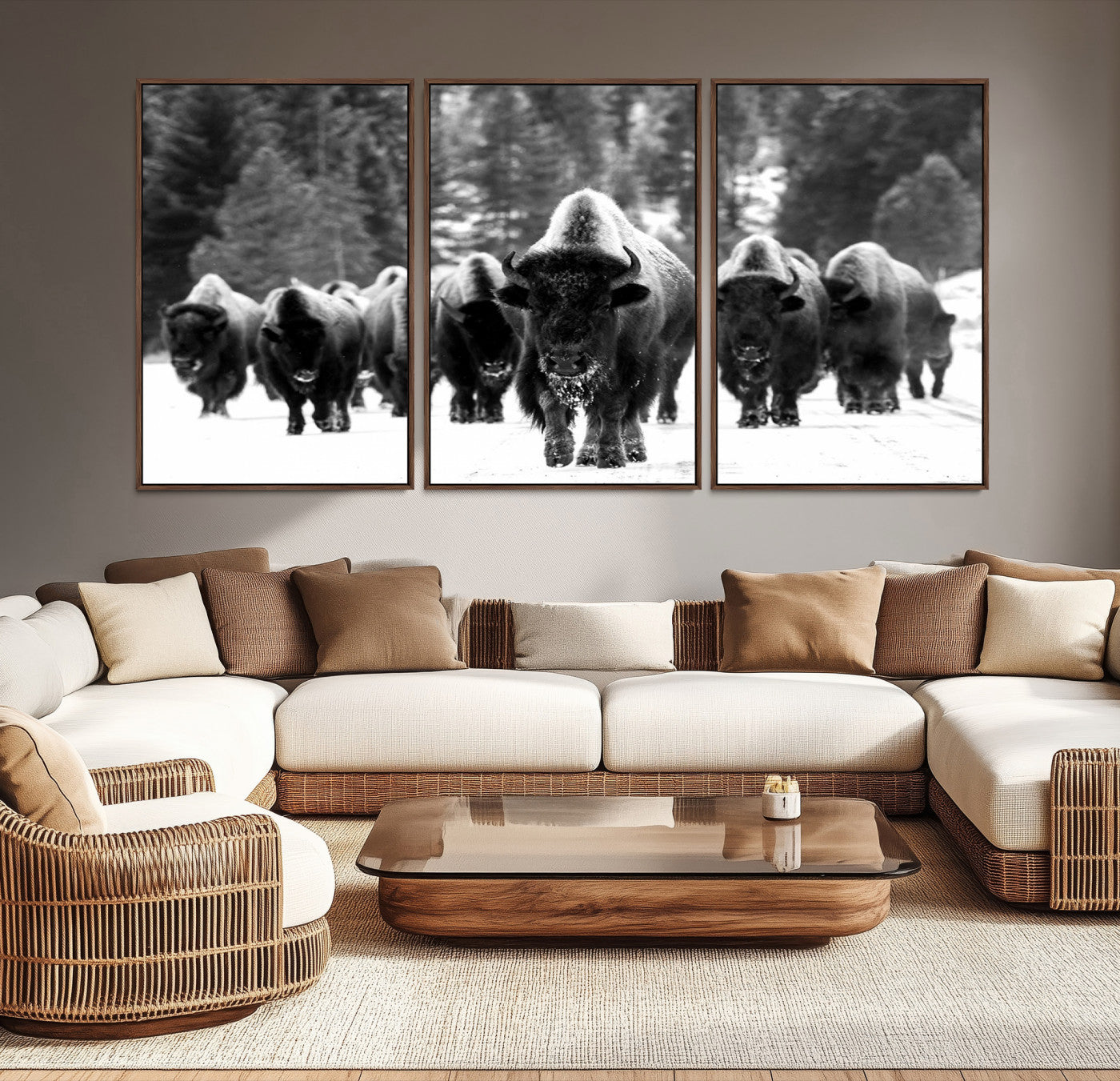 62434-MGV-CV-36X24-Bison Herd in Snow Wall Art Canvas Print | Rustic Western Bison Wall Art for Decor for Living Room, Office, and Farmhouse Decor | Framed
