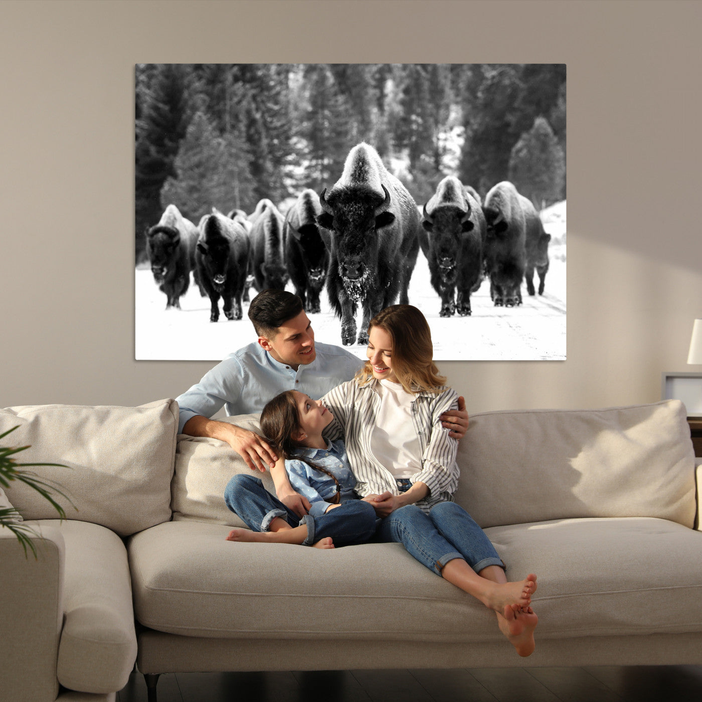 Bison Herd in Snow Wall Art Canvas Print | Rustic Western Bison Wall Art for Decor for Living Room, Office, and Farmhouse Decor | Framed