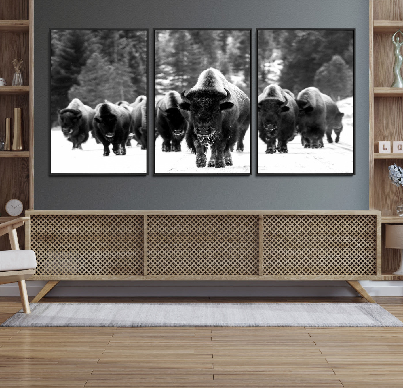 62434-MGV-CV-36X24-Bison Herd in Snow Wall Art Canvas Print | Rustic Western Bison Wall Art for Decor for Living Room, Office, and Farmhouse Decor | Framed