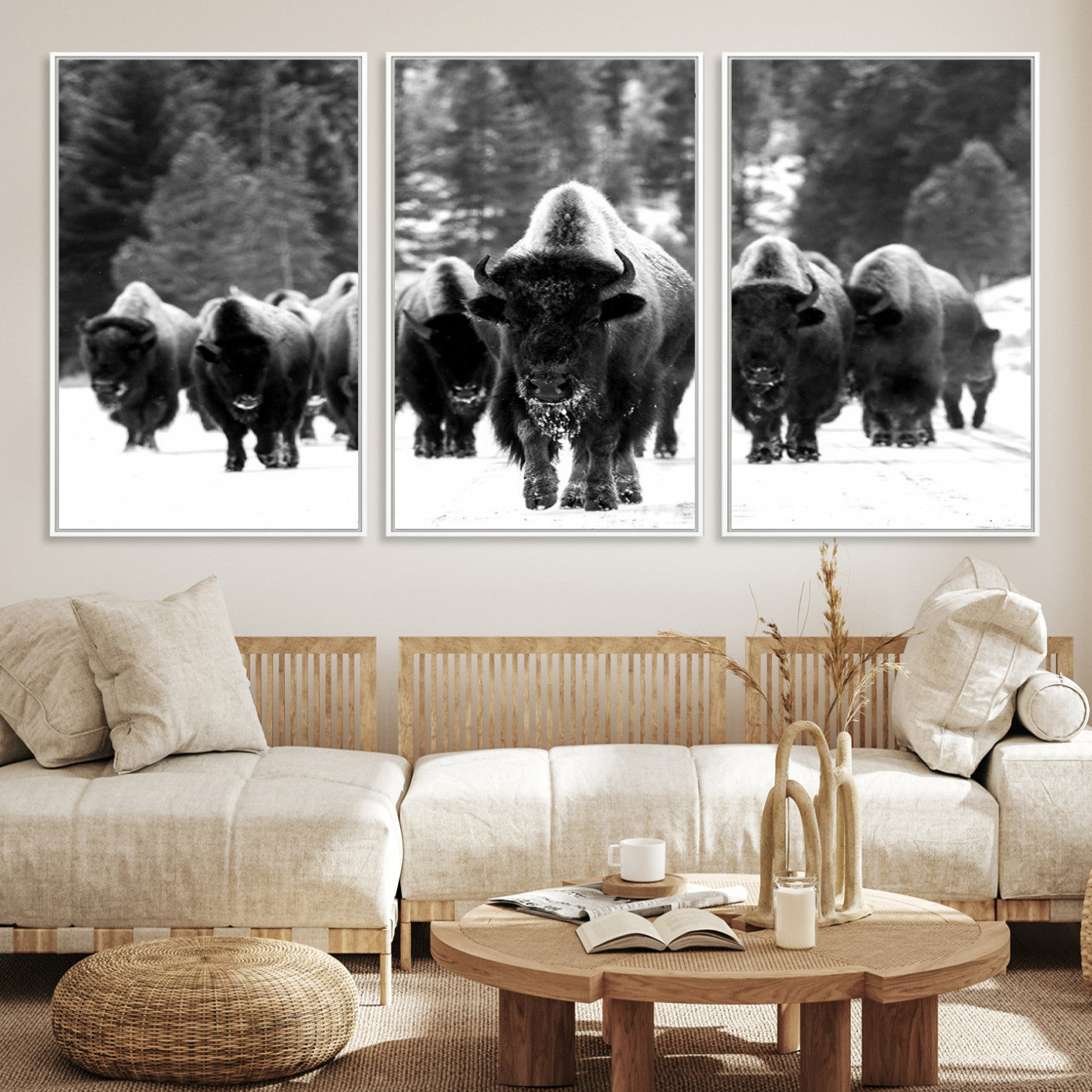 62434-MGV-CV-36X24-Bison Herd in Snow Wall Art Canvas Print | Rustic Western Bison Wall Art for Decor for Living Room, Office, and Farmhouse Decor | Framed