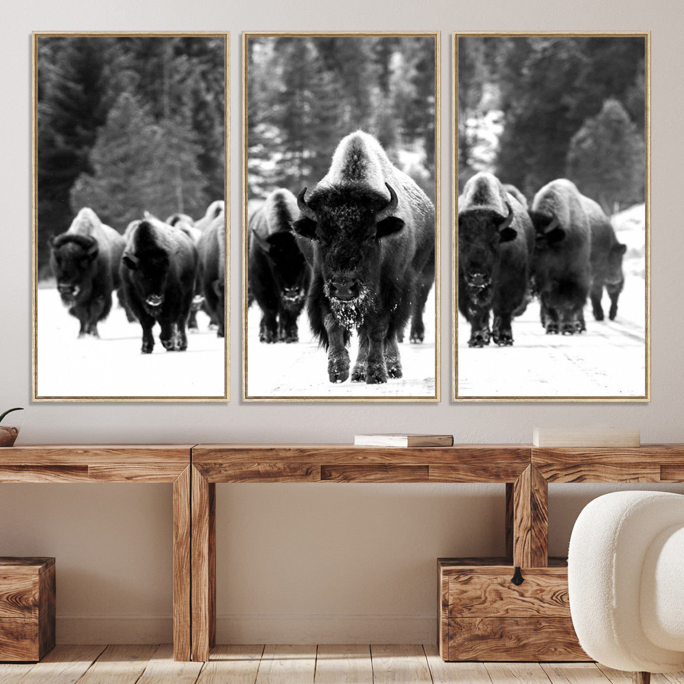 62434-MGV-CV-36X24-Bison Herd in Snow Wall Art Canvas Print | Rustic Western Bison Wall Art for Decor for Living Room, Office, and Farmhouse Decor | Framed