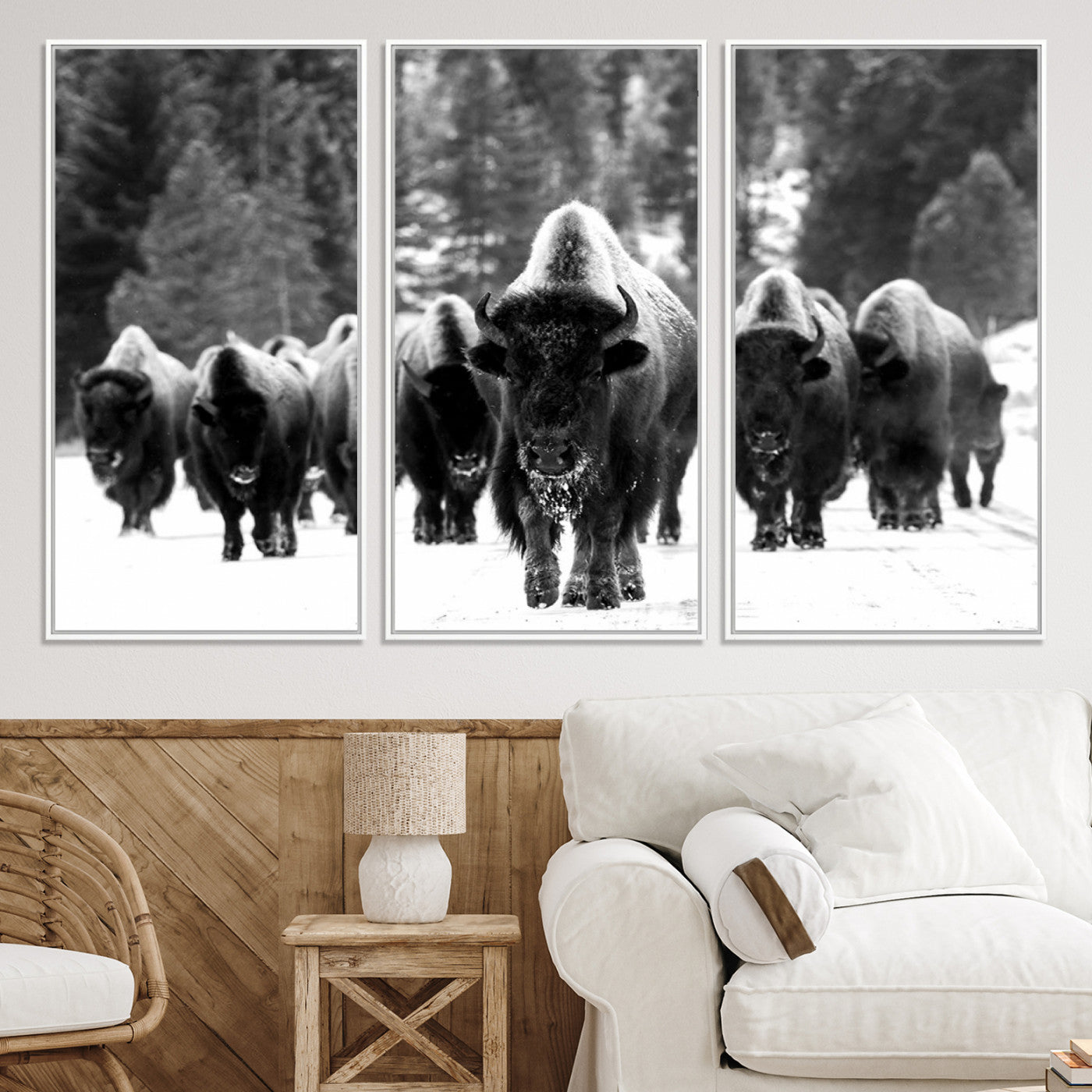 62434-MGV-CV-36X24-Bison Herd in Snow Wall Art Canvas Print | Rustic Western Bison Wall Art for Decor for Living Room, Office, and Farmhouse Decor | Framed