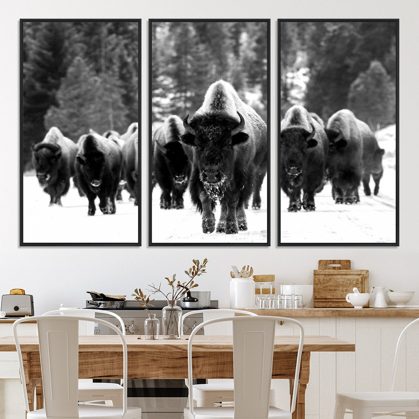 62434-MGV-CV-36X24-Bison Herd in Snow Wall Art Canvas Print | Rustic Western Bison Wall Art for Decor for Living Room, Office, and Farmhouse Decor | Framed