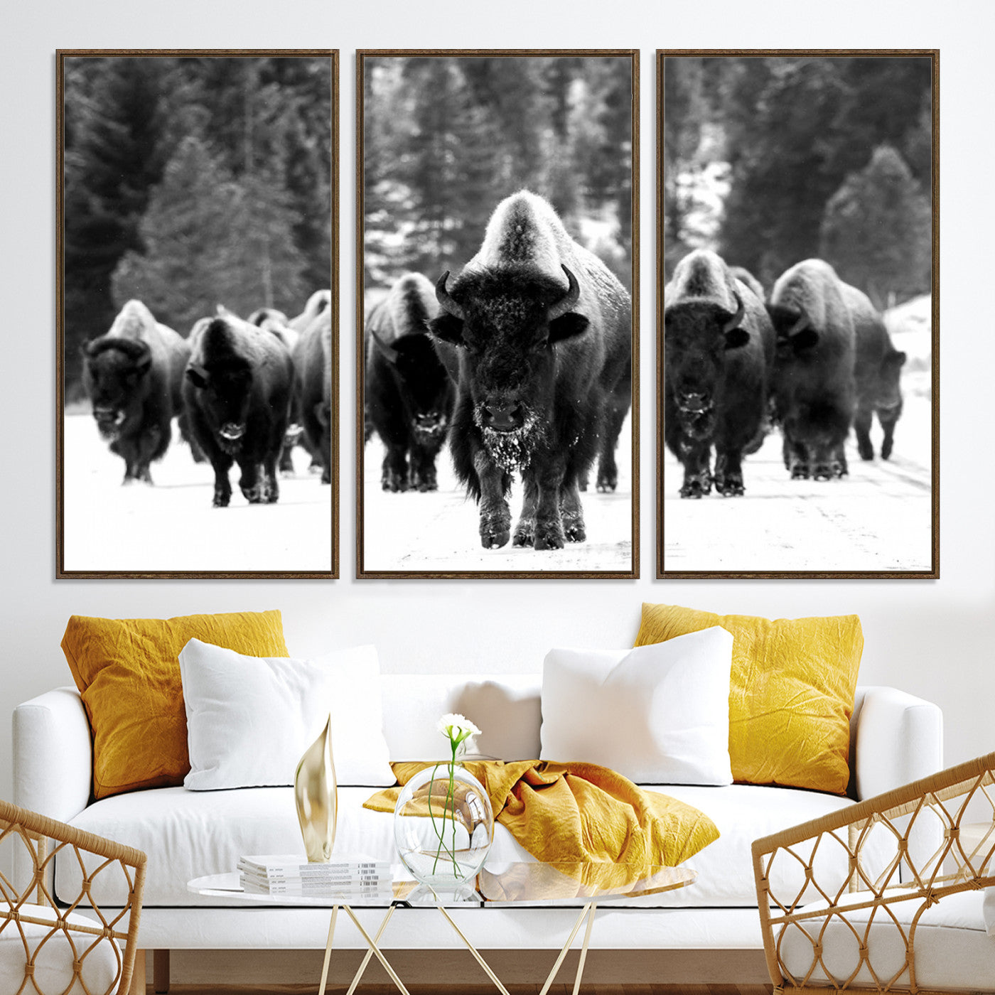 62434-MGV-CV-36X24-Bison Herd in Snow Wall Art Canvas Print | Rustic Western Bison Wall Art for Decor for Living Room, Office, and Farmhouse Decor | Framed