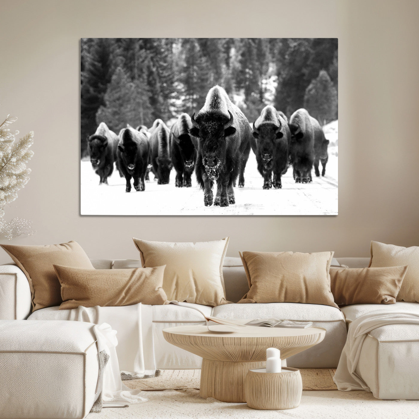 Bison Herd in Snow Wall Art Canvas Print | Rustic Western Bison Wall Art for Decor for Living Room, Office, and Farmhouse Decor | Framed