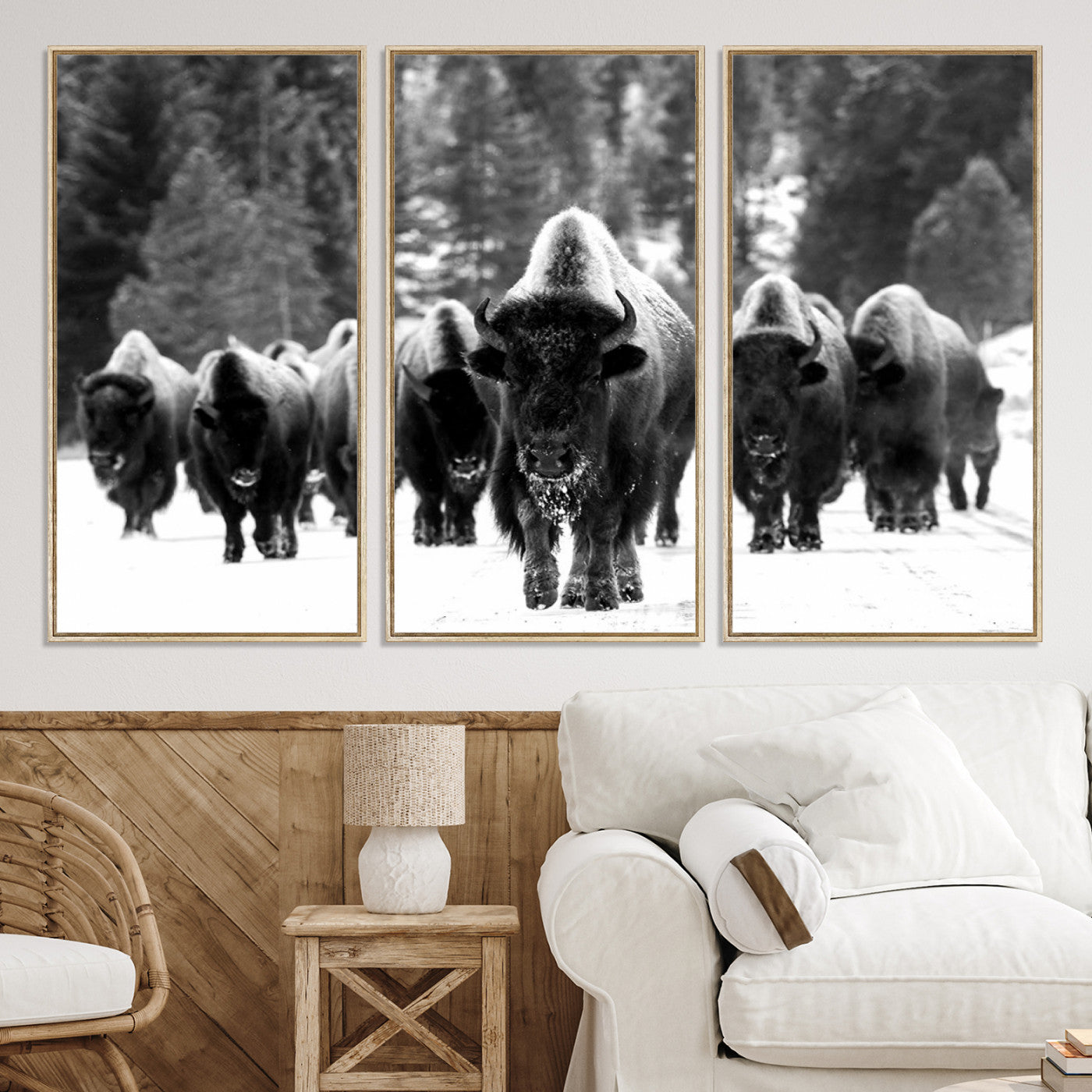 62434-MGV-CV-36X24-Bison Herd in Snow Wall Art Canvas Print | Rustic Western Bison Wall Art for Decor for Living Room, Office, and Farmhouse Decor | Framed
