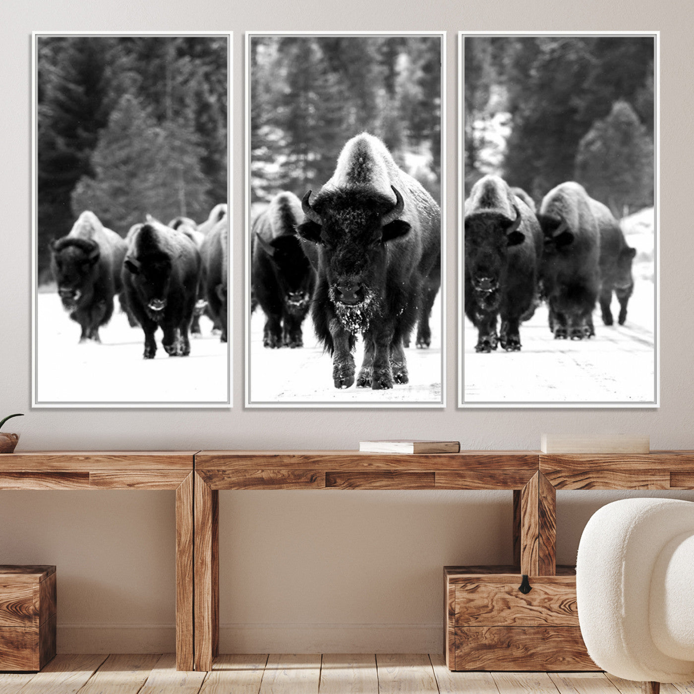 62434-MGV-CV-36X24-Bison Herd in Snow Wall Art Canvas Print | Rustic Western Bison Wall Art for Decor for Living Room, Office, and Farmhouse Decor | Framed