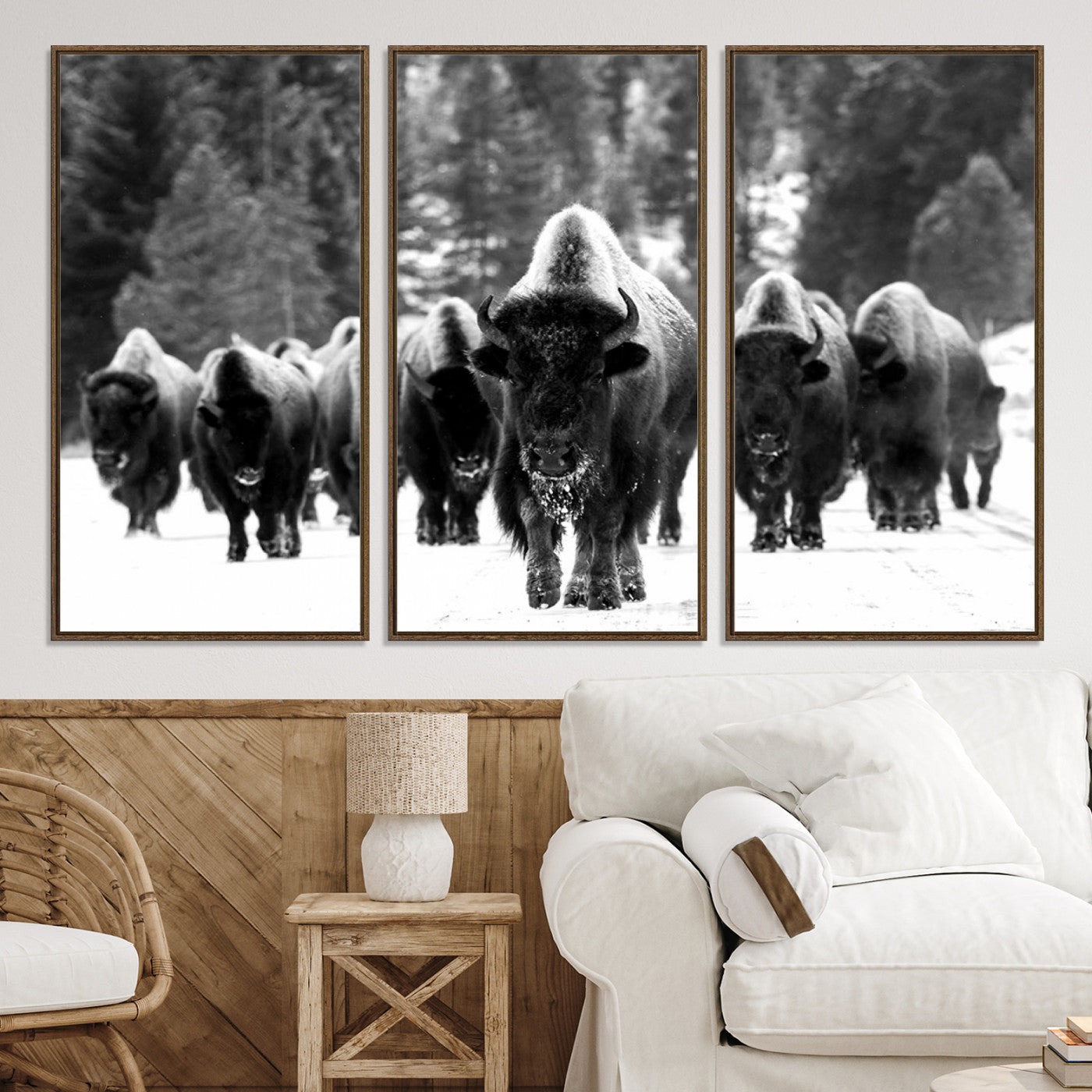 62434-MGV-CV-36X24-Bison Herd in Snow Wall Art Canvas Print | Rustic Western Bison Wall Art for Decor for Living Room, Office, and Farmhouse Decor | Framed