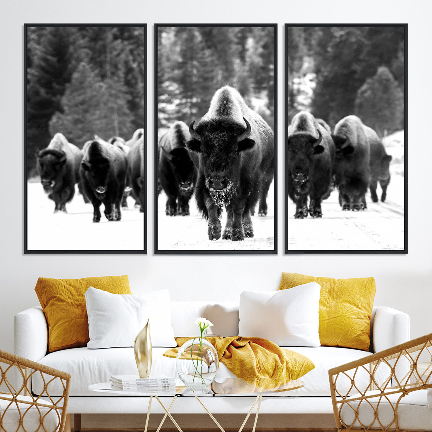 62434-MGV-CV-36X24-Bison Herd in Snow Wall Art Canvas Print | Rustic Western Bison Wall Art for Decor for Living Room, Office, and Farmhouse Decor | Framed