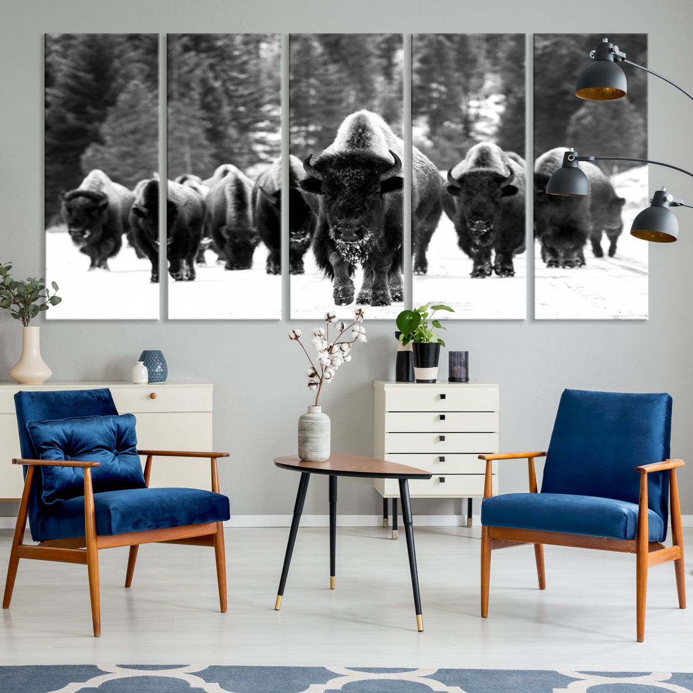 62434-MGV-CV-36X24-Bison Herd in Snow Wall Art Canvas Print | Rustic Western Bison Wall Art for Decor for Living Room, Office, and Farmhouse Decor | Framed