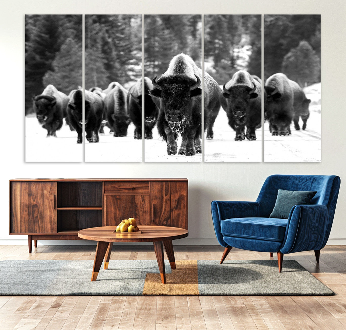 62434-MGV-CV-36X24-Bison Herd in Snow Wall Art Canvas Print | Rustic Western Bison Wall Art for Decor for Living Room, Office, and Farmhouse Decor | Framed