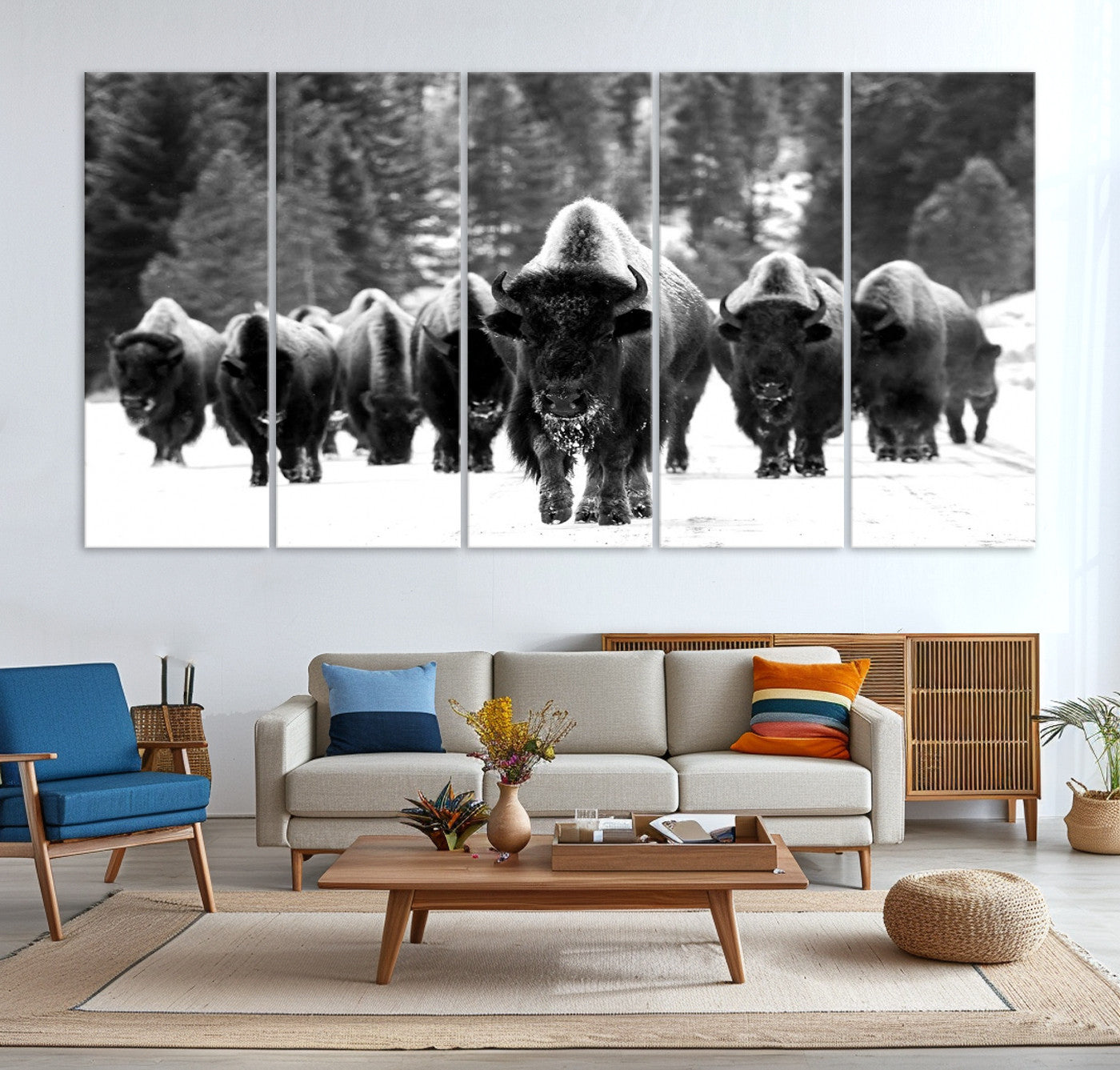 62434-MGV-CV-36X24-Bison Herd in Snow Wall Art Canvas Print | Rustic Western Bison Wall Art for Decor for Living Room, Office, and Farmhouse Decor | Framed