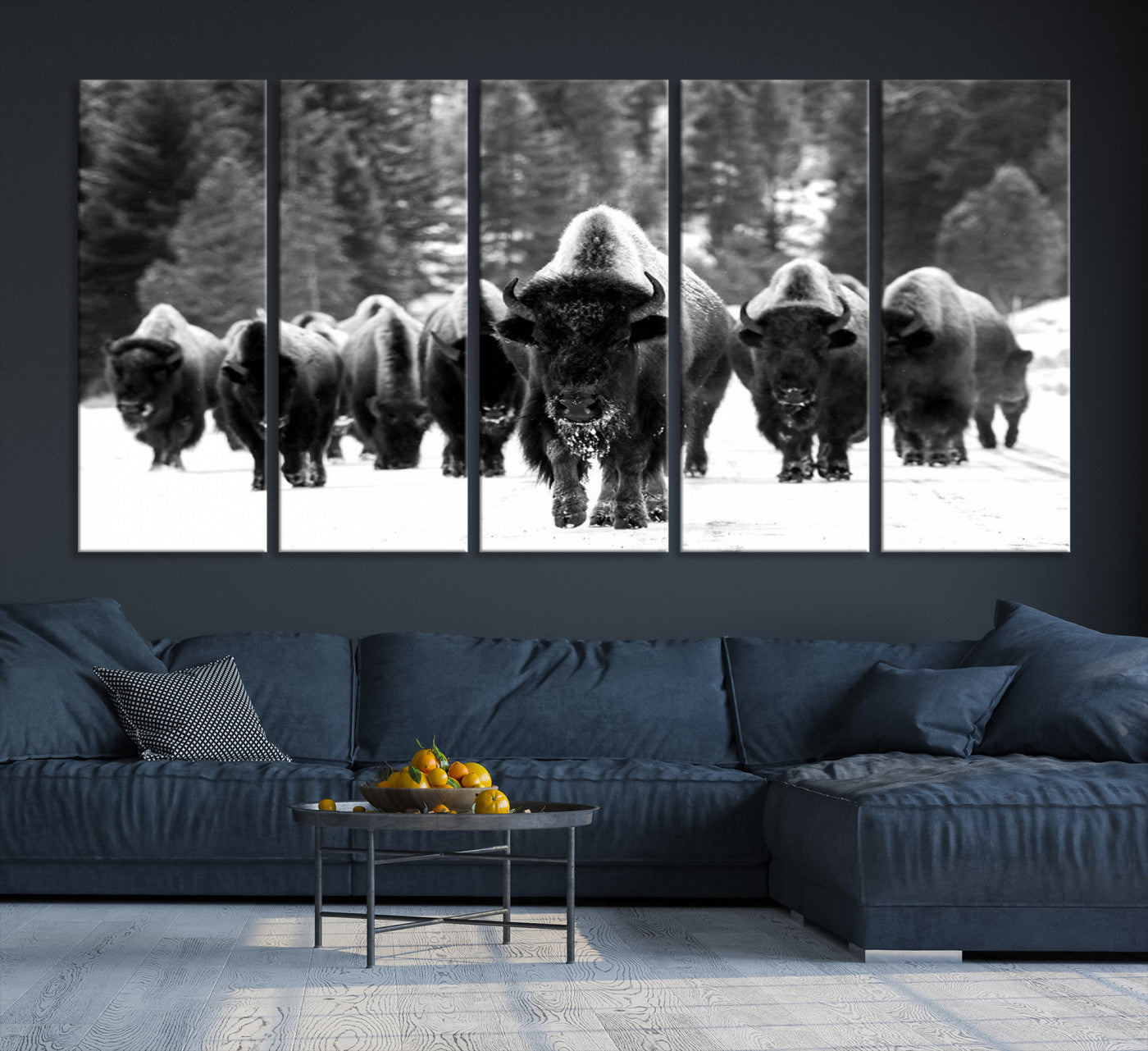 62434-MGV-CV-36X24-Bison Herd in Snow Wall Art Canvas Print | Rustic Western Bison Wall Art for Decor for Living Room, Office, and Farmhouse Decor | Framed