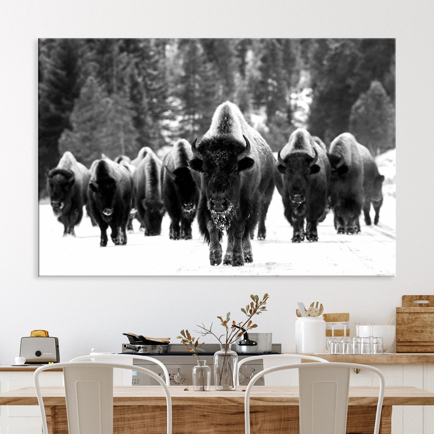 Bison Herd in Snow Wall Art Canvas Print | Rustic Western Bison Wall Art for Decor for Living Room, Office, and Farmhouse Decor | Framed