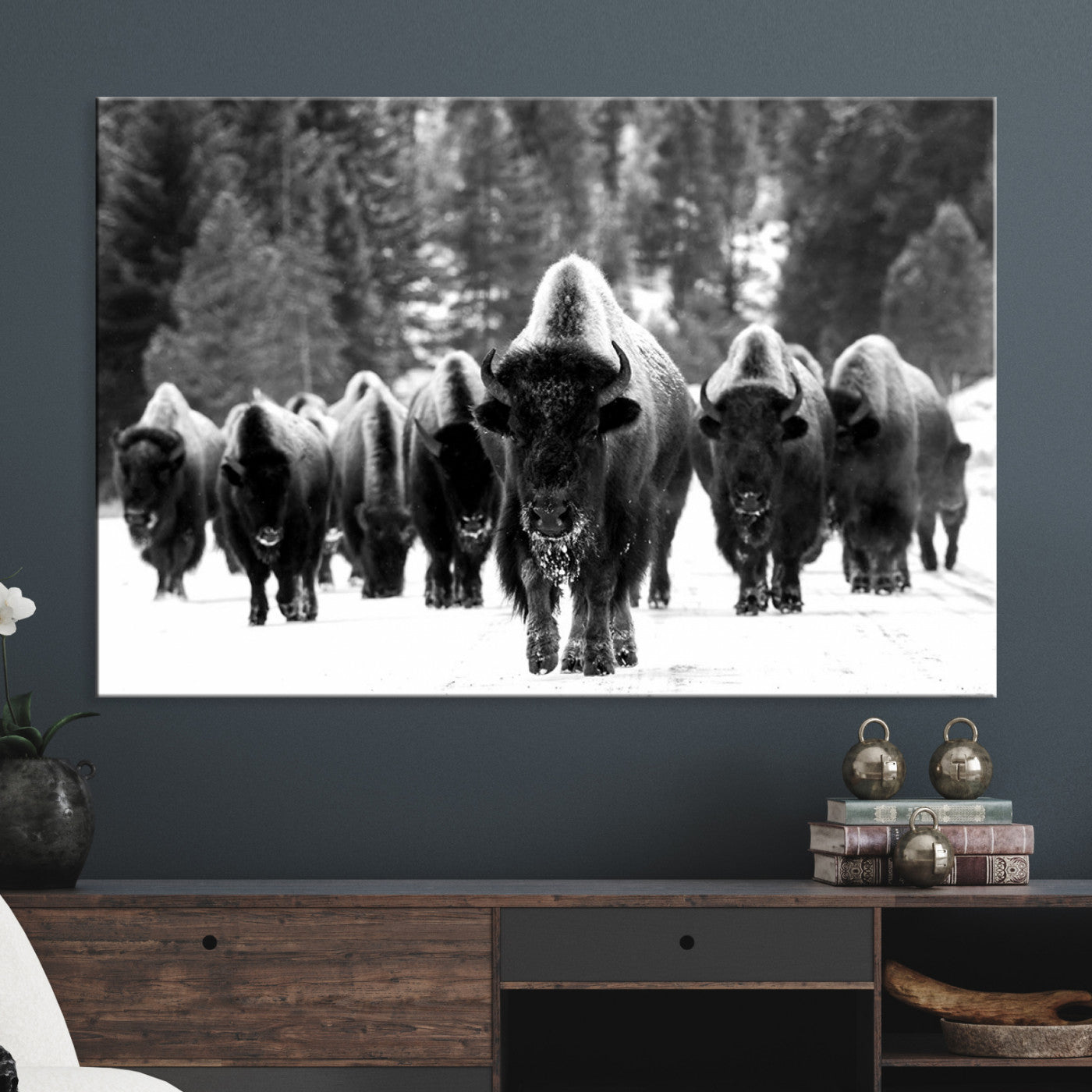 Bison Herd in Snow Wall Art Canvas Print | Rustic Western Bison Wall Art for Decor for Living Room, Office, and Farmhouse Decor | Framed