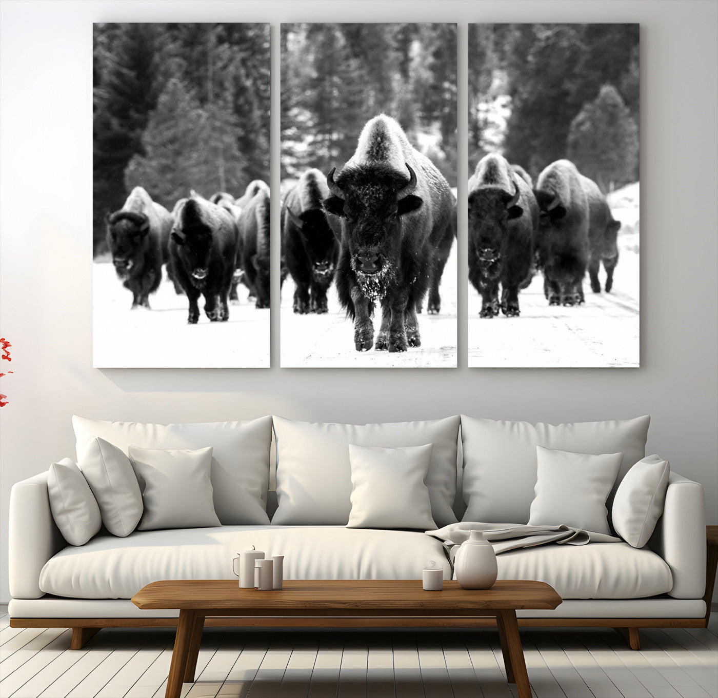 62434-MGV-CV-48X32-3P-Bison Herd in Snow Wall Art Canvas Print | Rustic Western Bison Wall Art for Decor for Living Room, Office, and Farmhouse Decor | Framed
