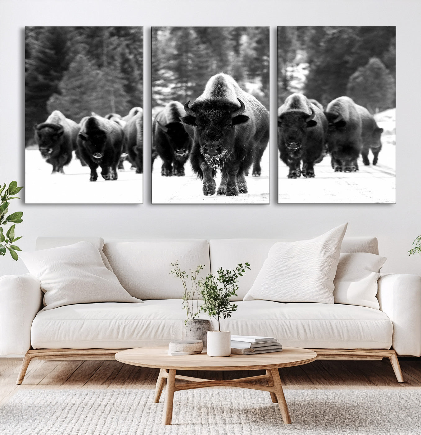 62434-MGV-CV-60X30-3P-Bison Herd in Snow Wall Art Canvas Print | Rustic Western Bison Wall Art for Decor for Living Room, Office, and Farmhouse Decor | Framed