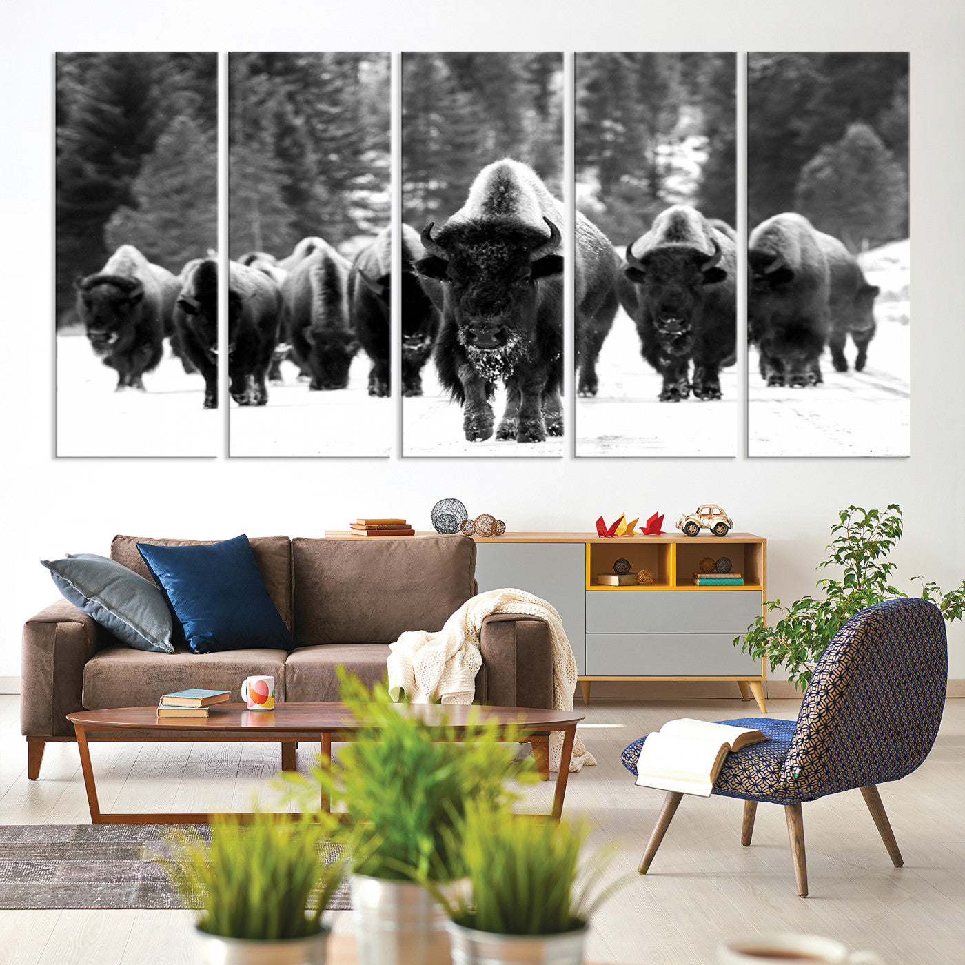 62434-MGV-CV-60X31-5P-Bison Herd in Snow Wall Art Canvas Print | Rustic Western Bison Wall Art for Decor for Living Room, Office, and Farmhouse Decor | Framed