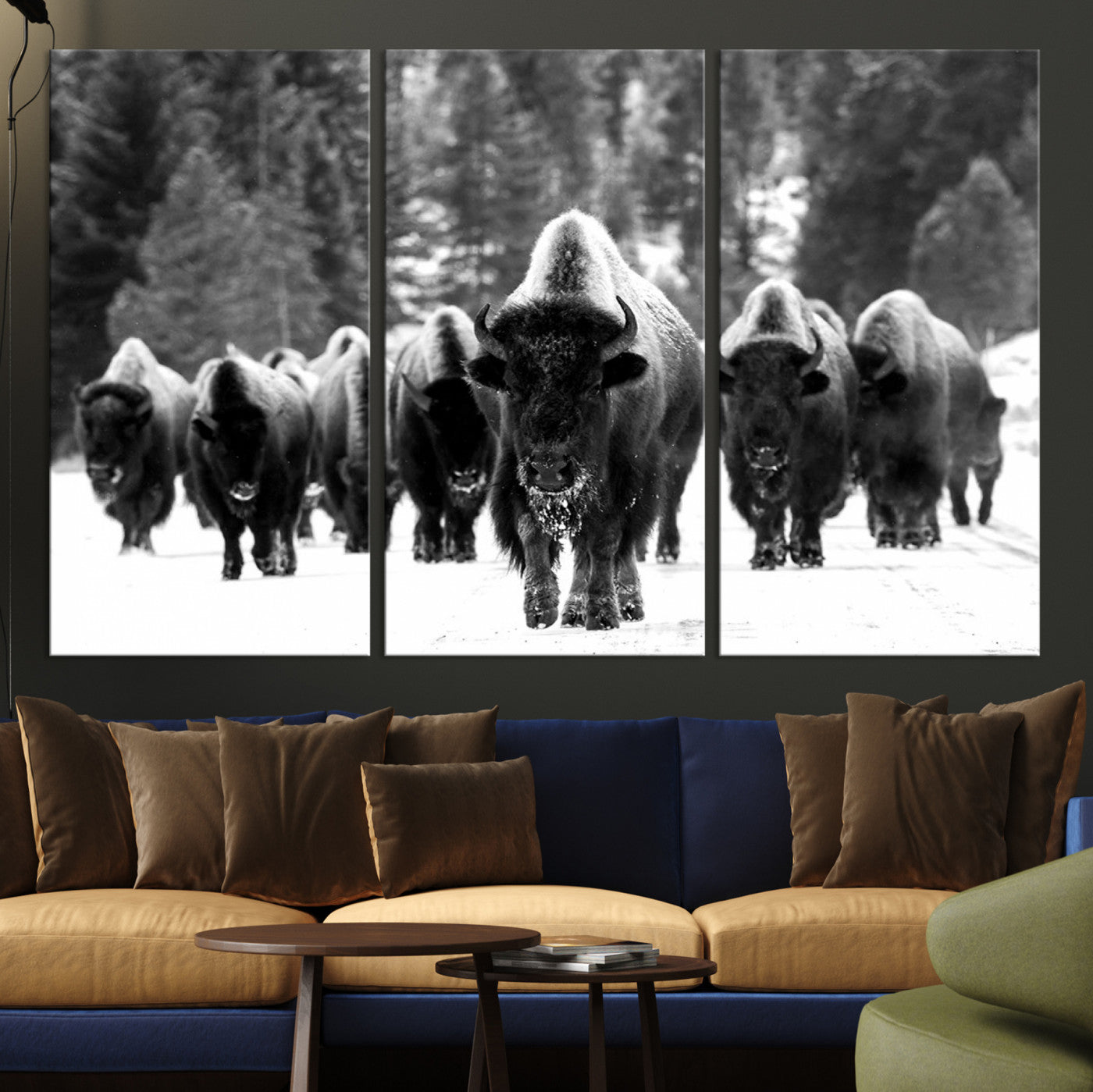 62434-MGV-CV-36X24-Bison Herd in Snow Wall Art Canvas Print | Rustic Western Bison Wall Art for Decor for Living Room, Office, and Farmhouse Decor | Framed