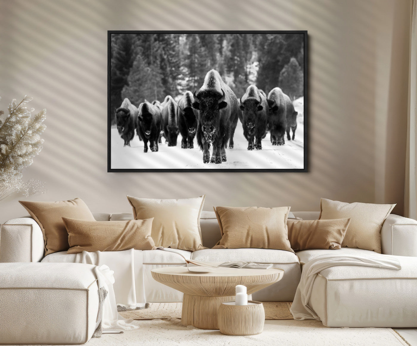 62434-MGV-FC-36X24_Black-Bison Herd in Snow Wall Art Canvas Print | Rustic Western Bison Wall Art for Decor for Living Room, Office, and Farmhouse Decor | Framed