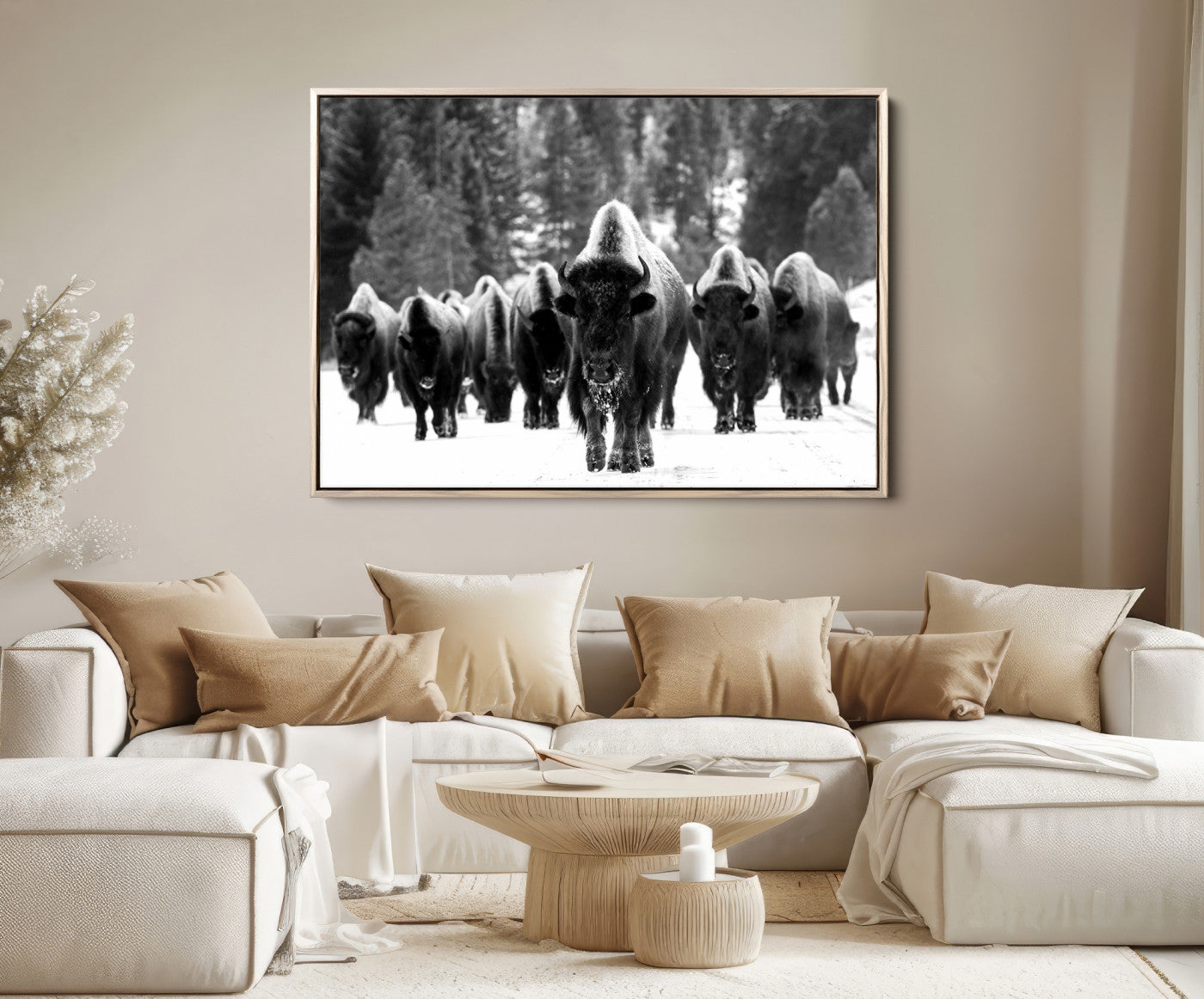 62434-MGV-FC-36X24_Natural-Bison Herd in Snow Wall Art Canvas Print | Rustic Western Bison Wall Art for Decor for Living Room, Office, and Farmhouse Decor | Framed