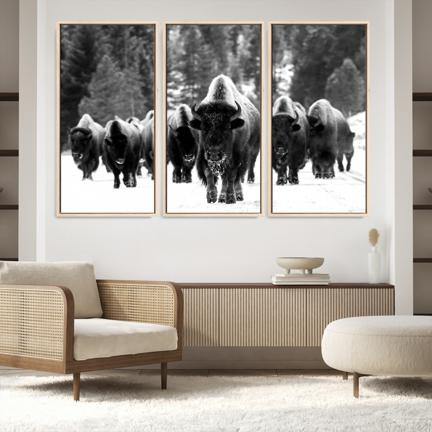 62434-MGV-FC-48X32-3P_Natural-Bison Herd in Snow Wall Art Canvas Print | Rustic Western Bison Wall Art for Decor for Living Room, Office, and Farmhouse Decor | Framed