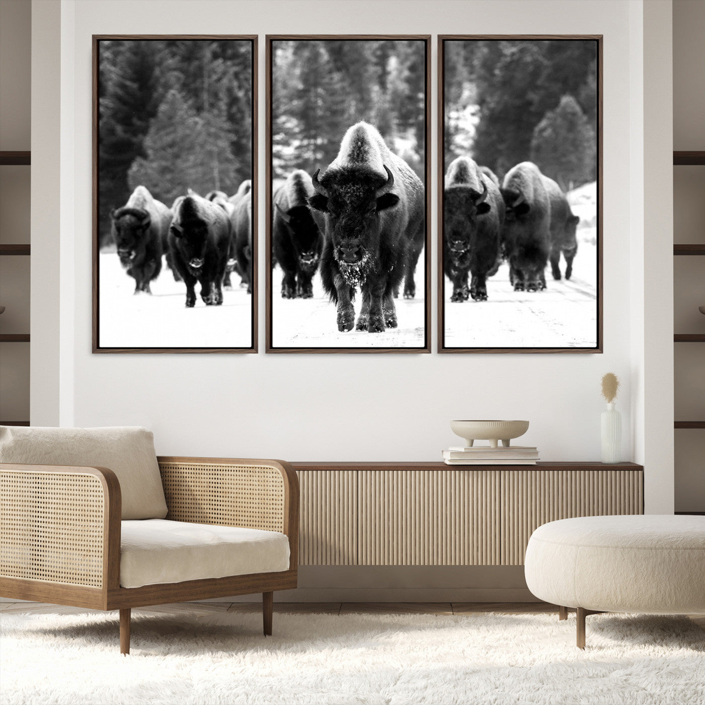 62434-MGV-FC-48X32-3P_Walnut-Bison Herd in Snow Wall Art Canvas Print | Rustic Western Bison Wall Art for Decor for Living Room, Office, and Farmhouse Decor | Framed