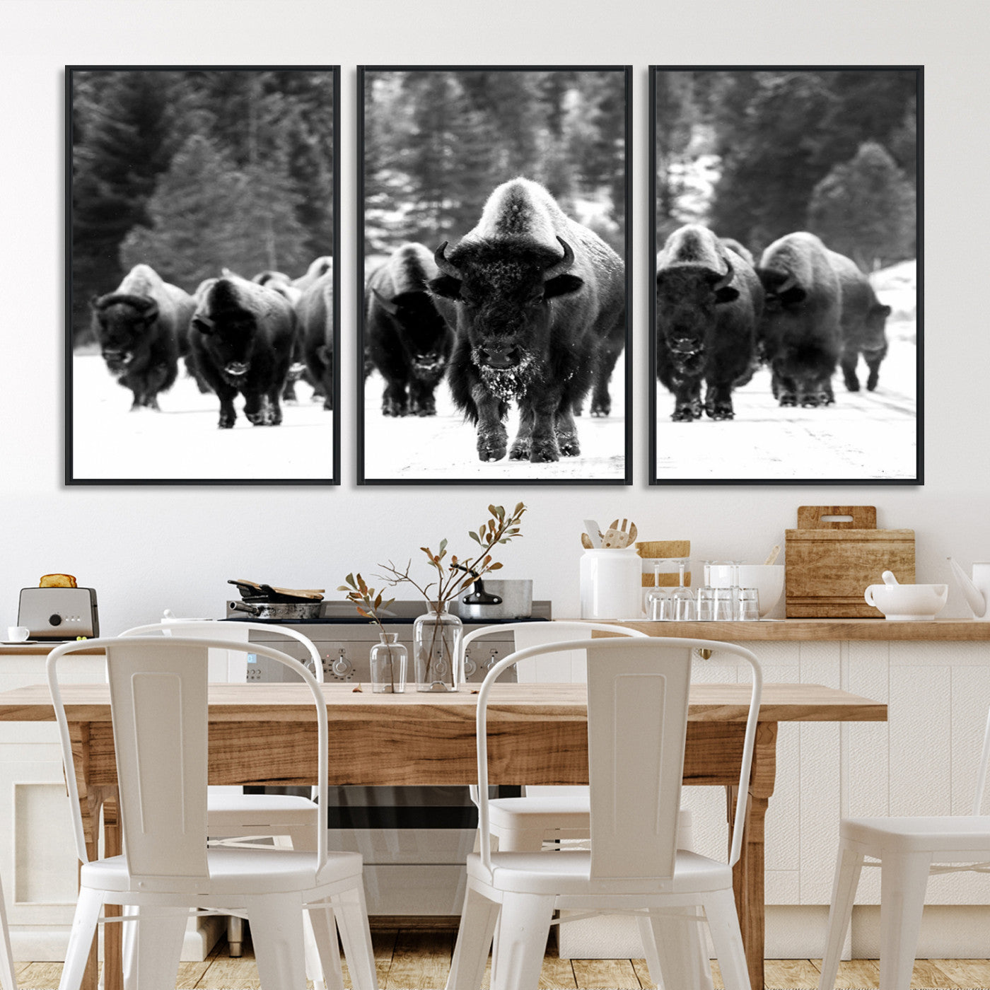 62434-MGV-FC-60X30-3P_Black-Bison Herd in Snow Wall Art Canvas Print | Rustic Western Bison Wall Art for Decor for Living Room, Office, and Farmhouse Decor | Framed