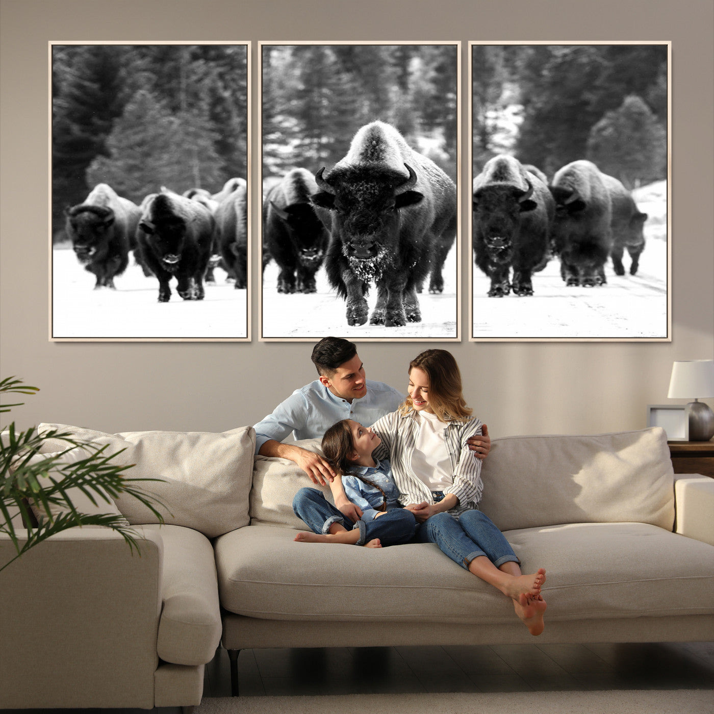 62434-MGV-FC-60X30-3P_Natural-Bison Herd in Snow Wall Art Canvas Print | Rustic Western Bison Wall Art for Decor for Living Room, Office, and Farmhouse Decor | Framed
