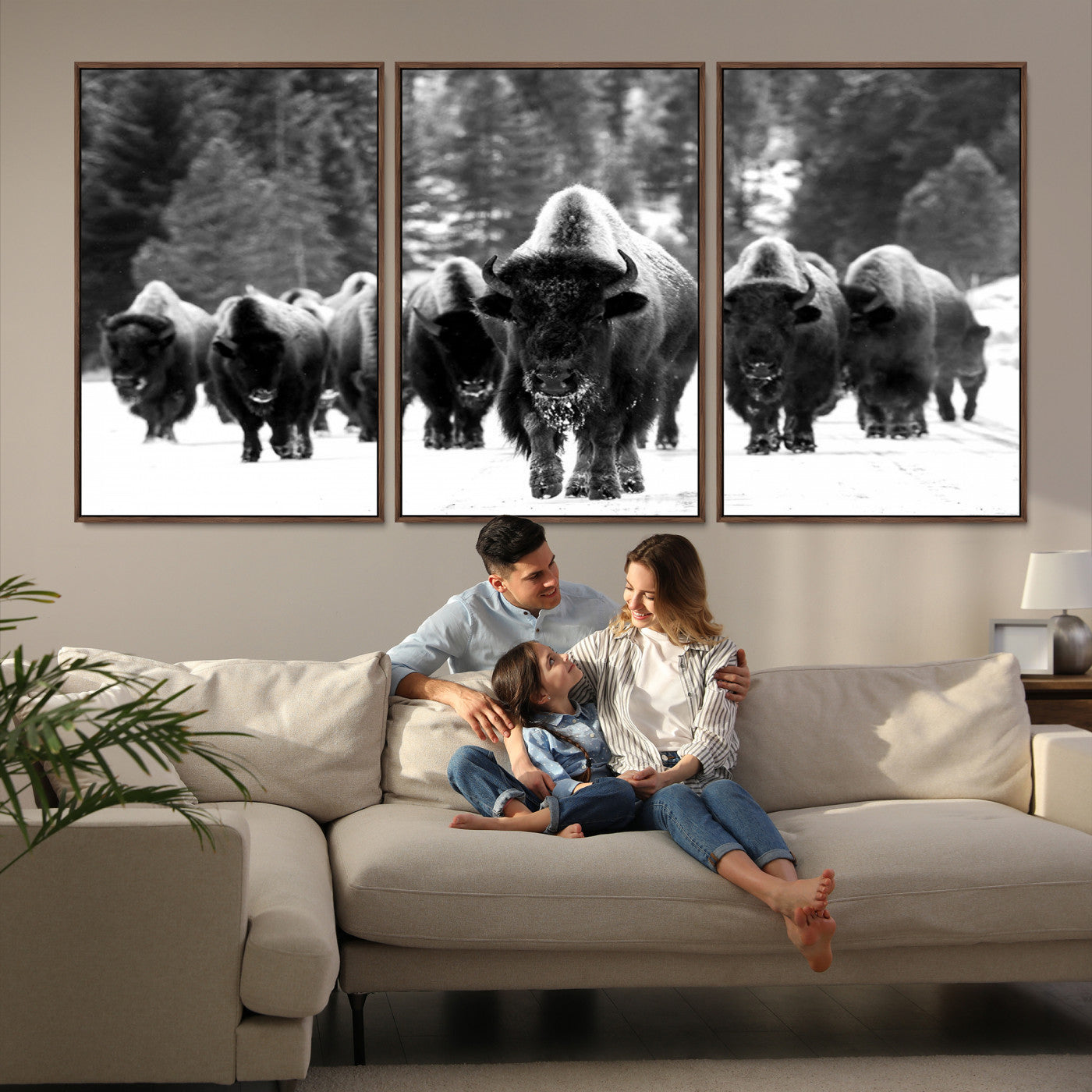 62434-MGV-FC-60X30-3P_Walnut-Bison Herd in Snow Wall Art Canvas Print | Rustic Western Bison Wall Art for Decor for Living Room, Office, and Farmhouse Decor | Framed