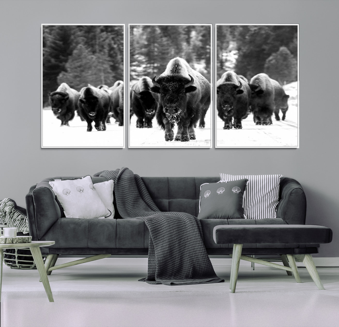 62434-MGV-FC-60X30-3P_White-Bison Herd in Snow Wall Art Canvas Print | Rustic Western Bison Wall Art for Decor for Living Room, Office, and Farmhouse Decor | Framed