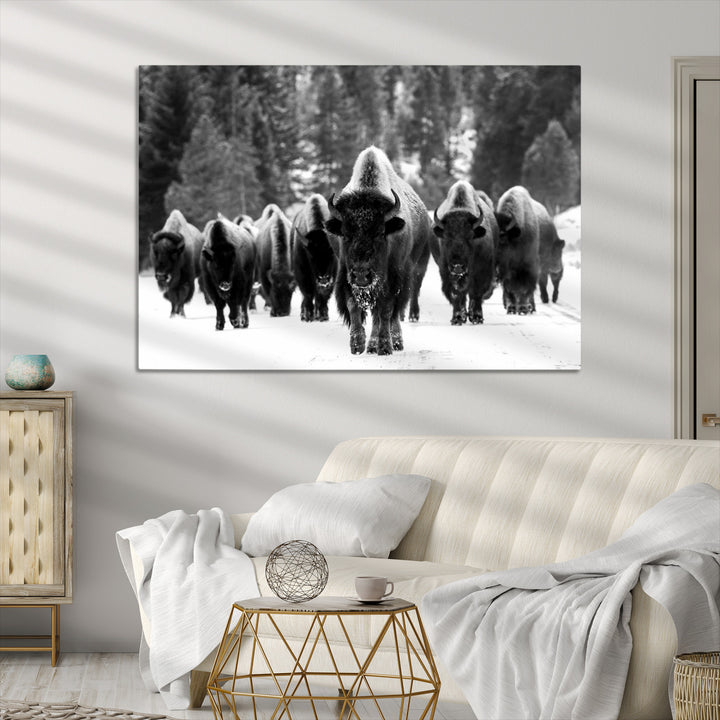 Bison Herd in Snow Wall Art Canvas Print | Rustic Western Bison Wall Art for Decor for Living Room, Office, and Farmhouse Decor | Framed