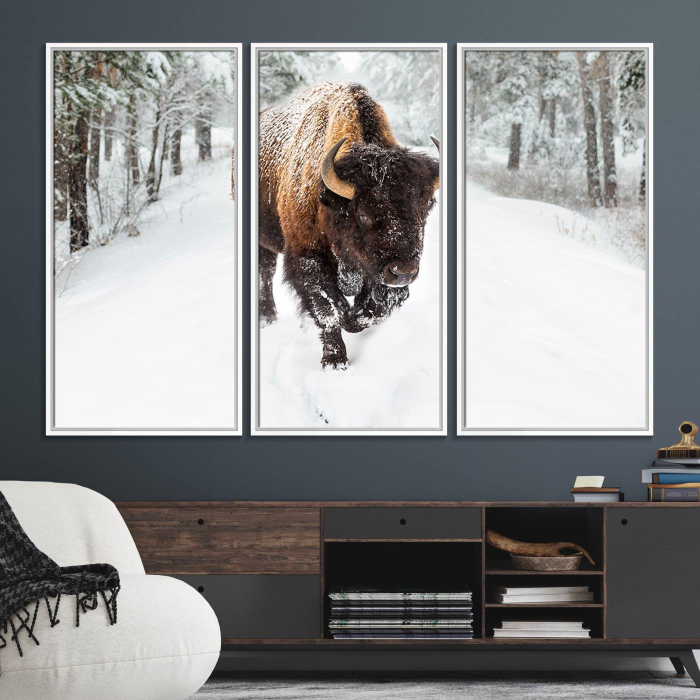 10109-MGV-FC-48X32-3P_White-Bison Wall Art Canvas Print For Farmhouse, Animal Canvas Print, Wild Animal Wall Art