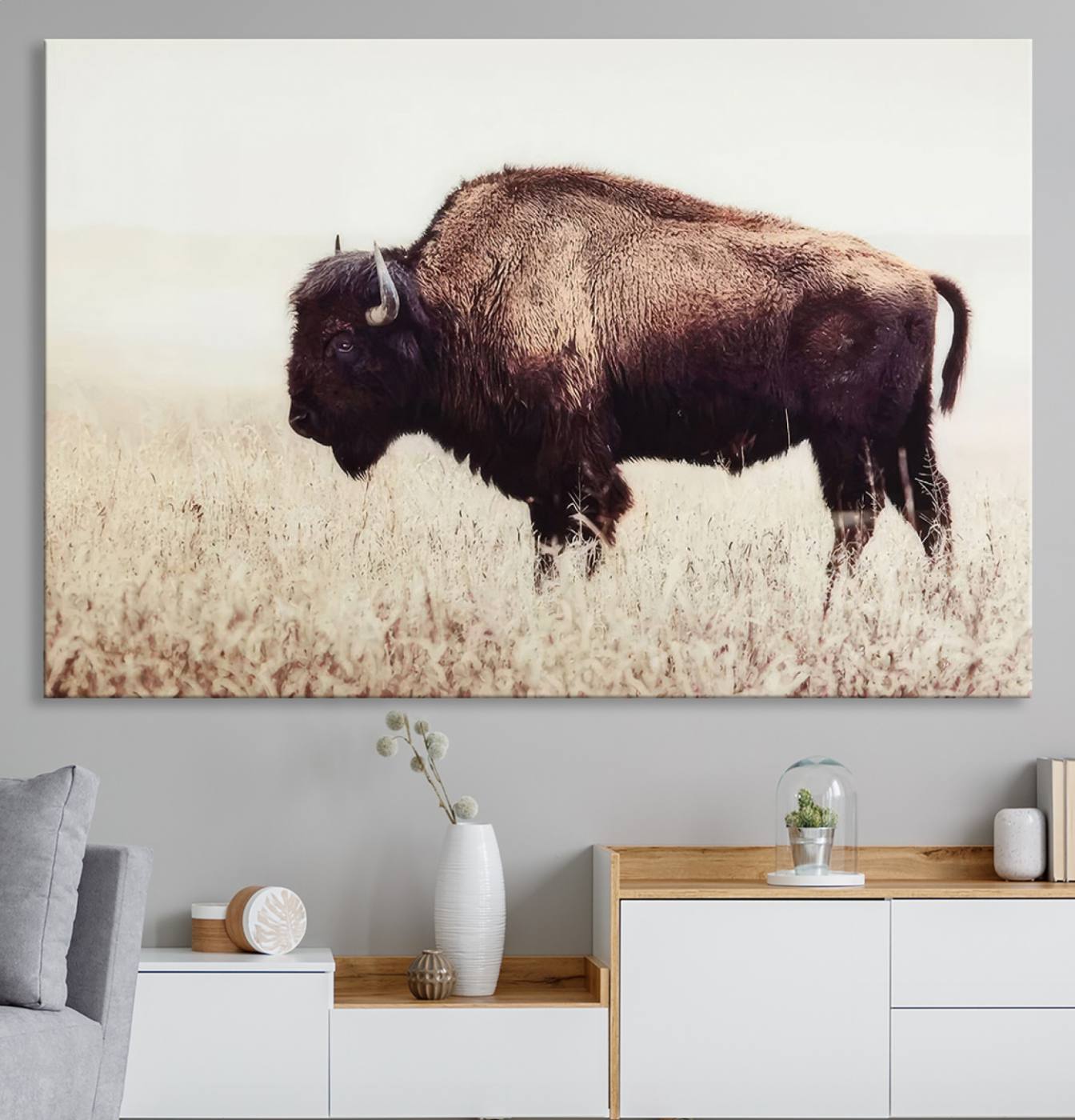 48406-MGV-CV-36X24-Bison in Field Wall Art Canvas Print For Farmhouse Barn Decor