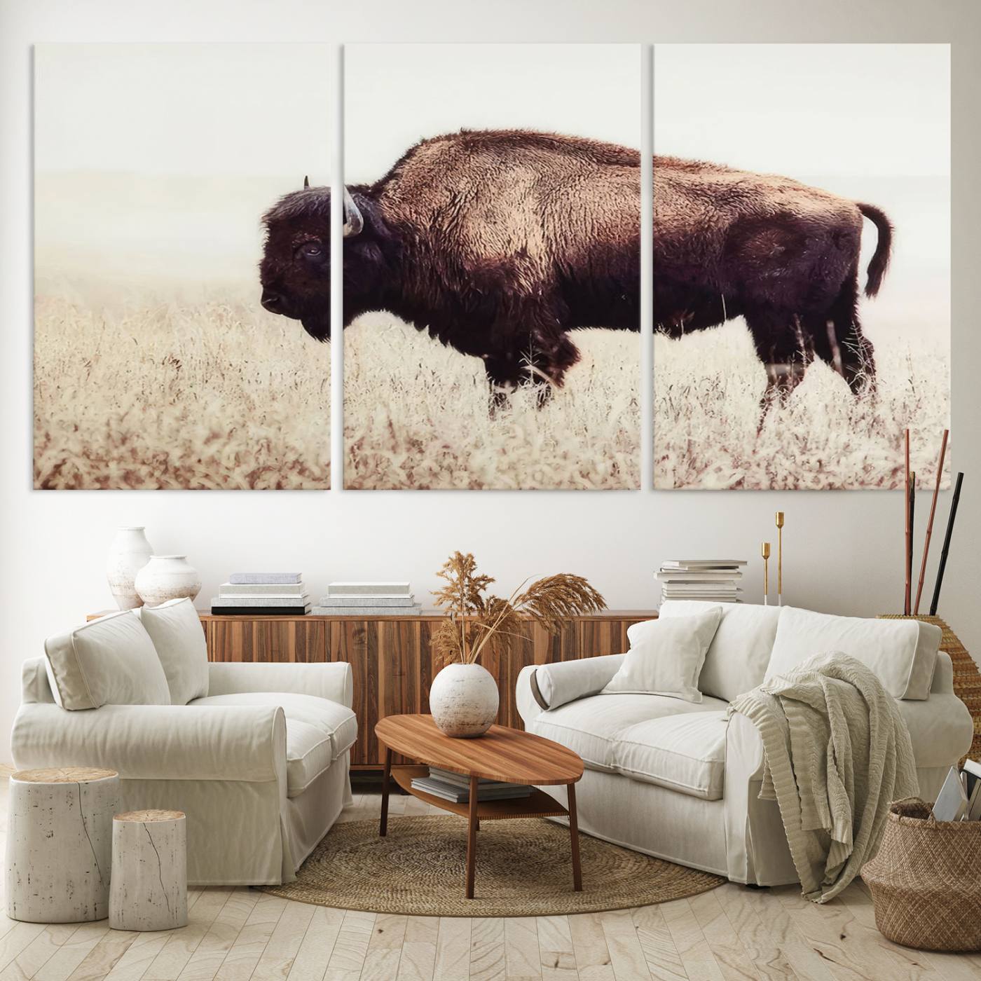 48406-MGV-CV-60X30-3P-Bison in Field Wall Art Canvas Print For Farmhouse Barn Decor