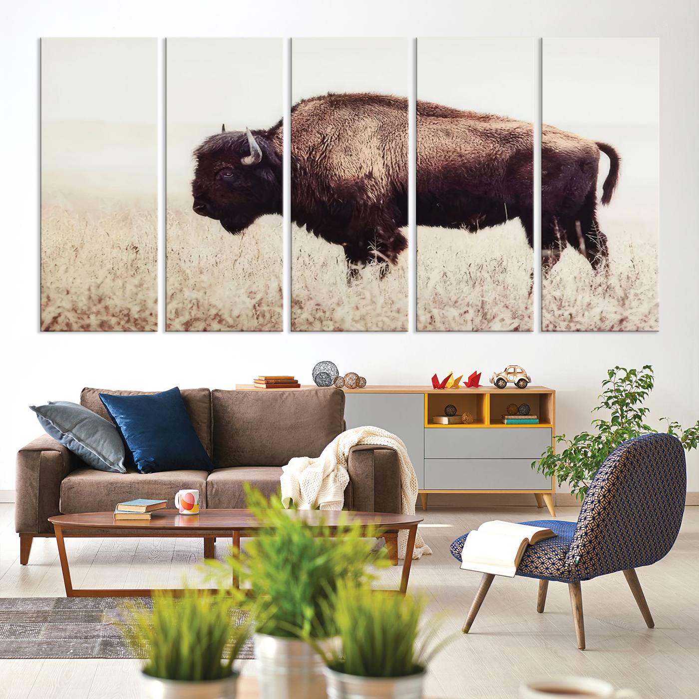 48406-MGV-CV-60X31-5P-Bison in Field Wall Art Canvas Print For Farmhouse Barn Decor