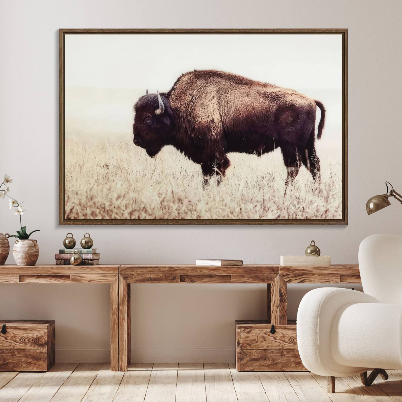 48406-MGV-FC-36X24_Walnut-Bison in Field Wall Art Canvas Print For Farmhouse Barn Decor