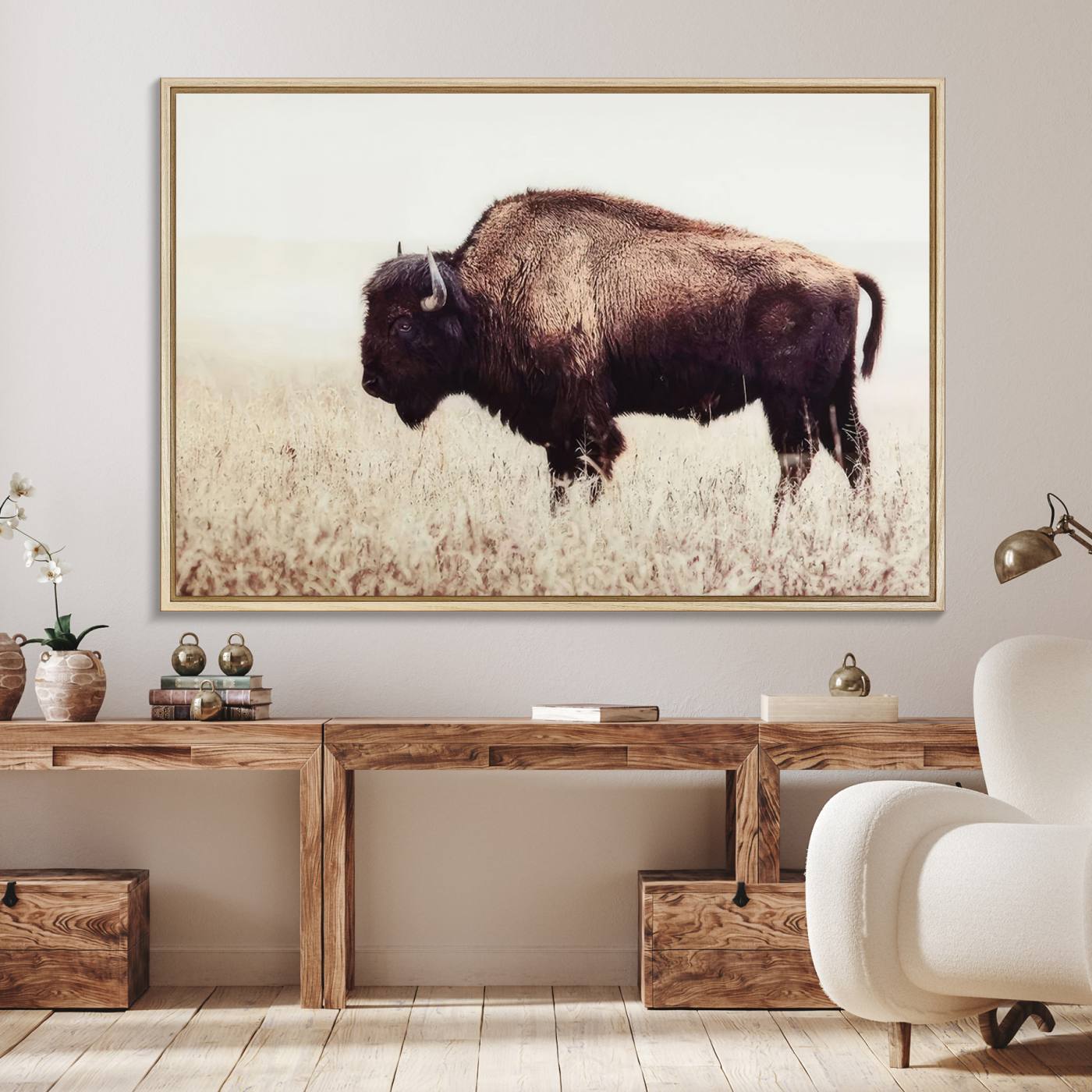 48406-MGV-FC-36X24_Natural-Bison in Field Wall Art Canvas Print For Farmhouse Barn Decor