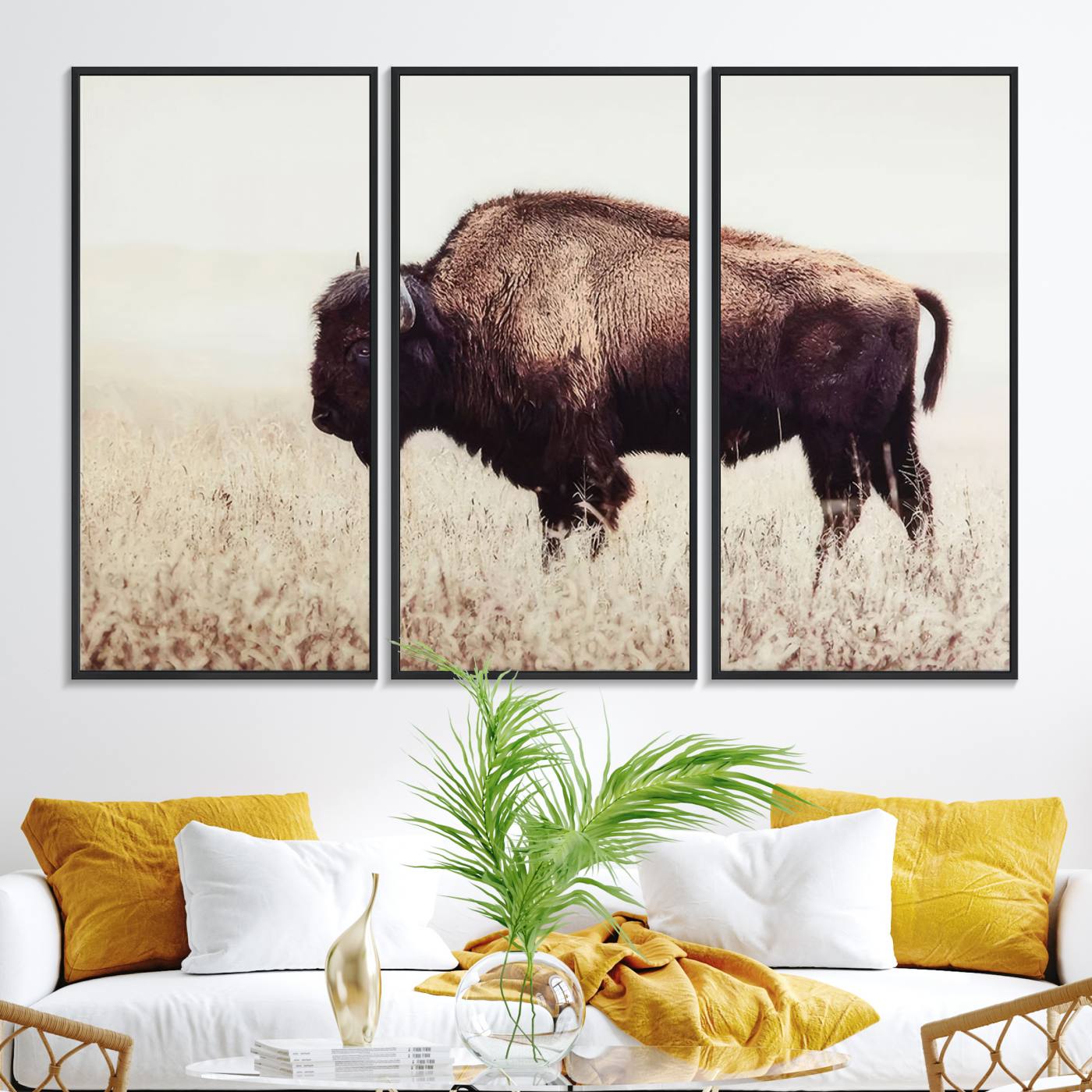 48406-MGV-FC-48X32-3P_Black-Bison in Field Wall Art Canvas Print For Farmhouse Barn Decor