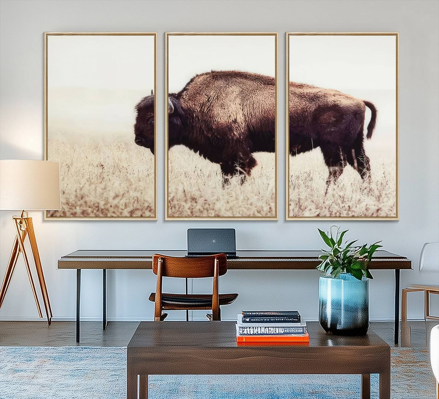 48406-MGV-FC-48X32-3P_Natural-Bison in Field Wall Art Canvas Print For Farmhouse Barn Decor