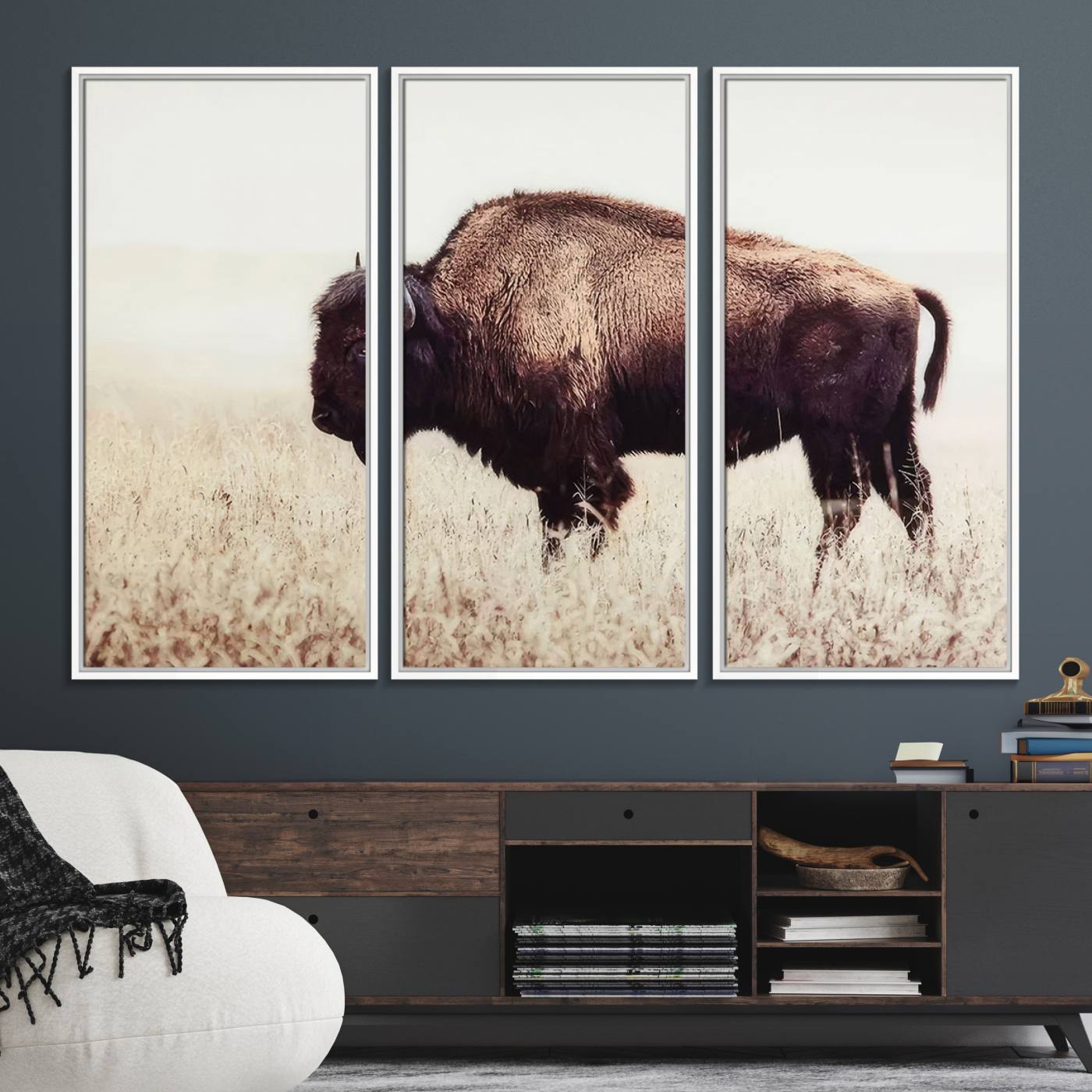 48406-MGV-FC-48X32-3P_White-Bison in Field Wall Art Canvas Print For Farmhouse Barn Decor