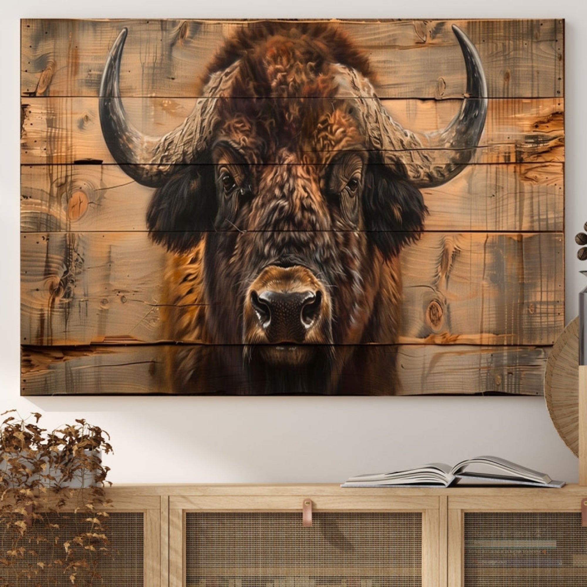 Edit-Images-Bison on Wood Background Canvas Wall Art, American Buffalo Print
