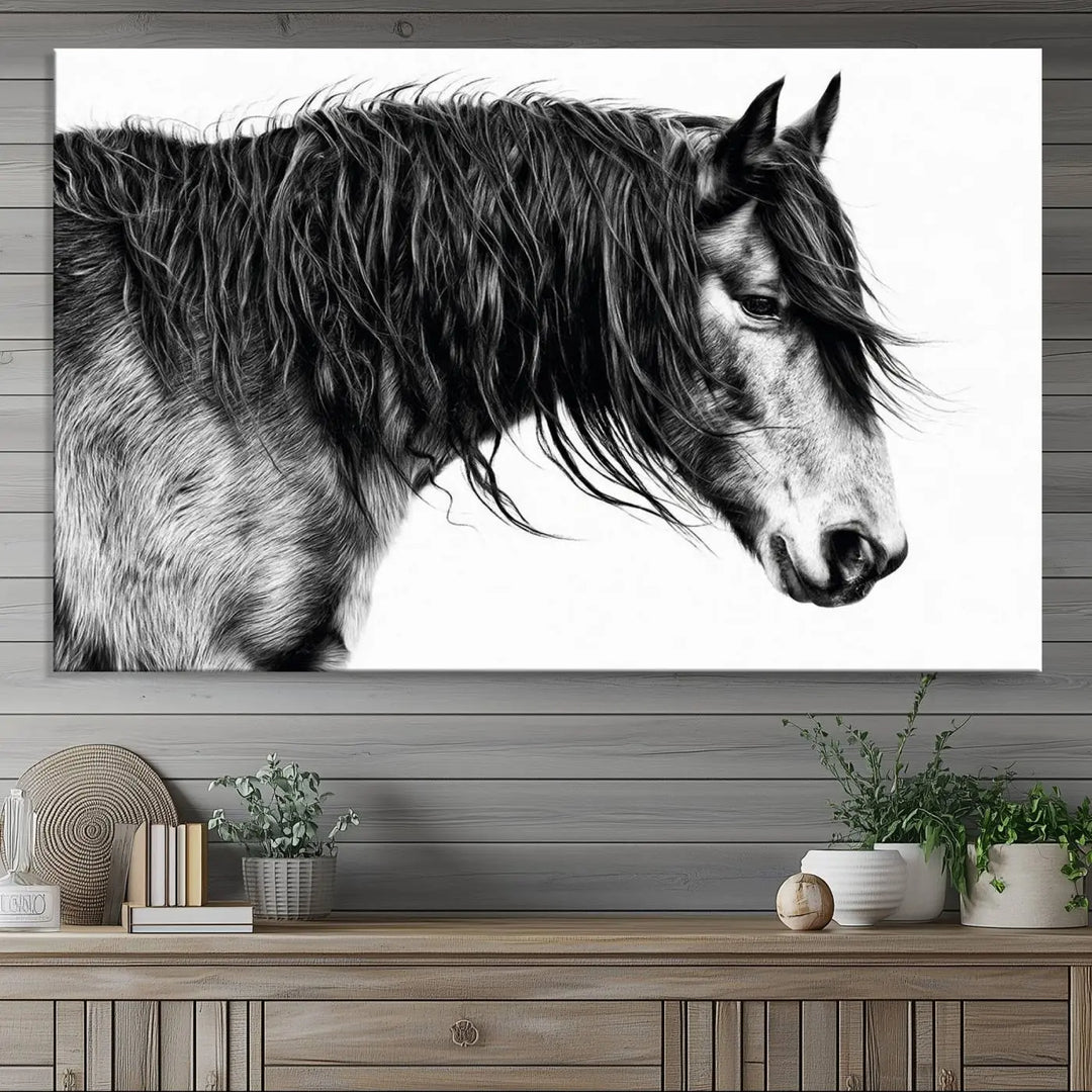 The Black Horse Wall Art Canvas hangs elegantly in a modern kitchen setting.