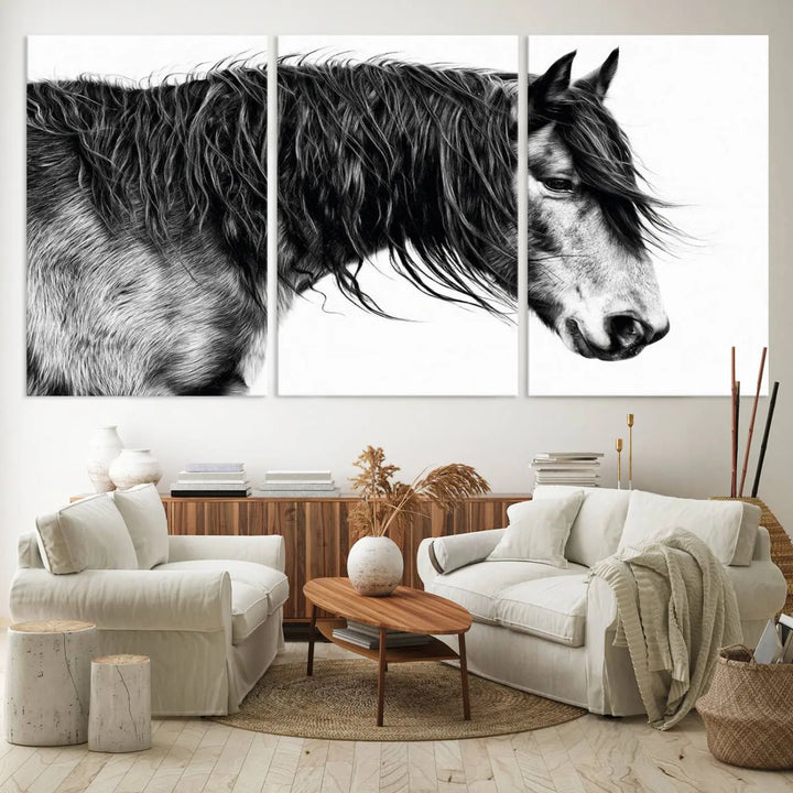 The Black Horse Wall Art Canvas hangs elegantly in a modern kitchen setting.