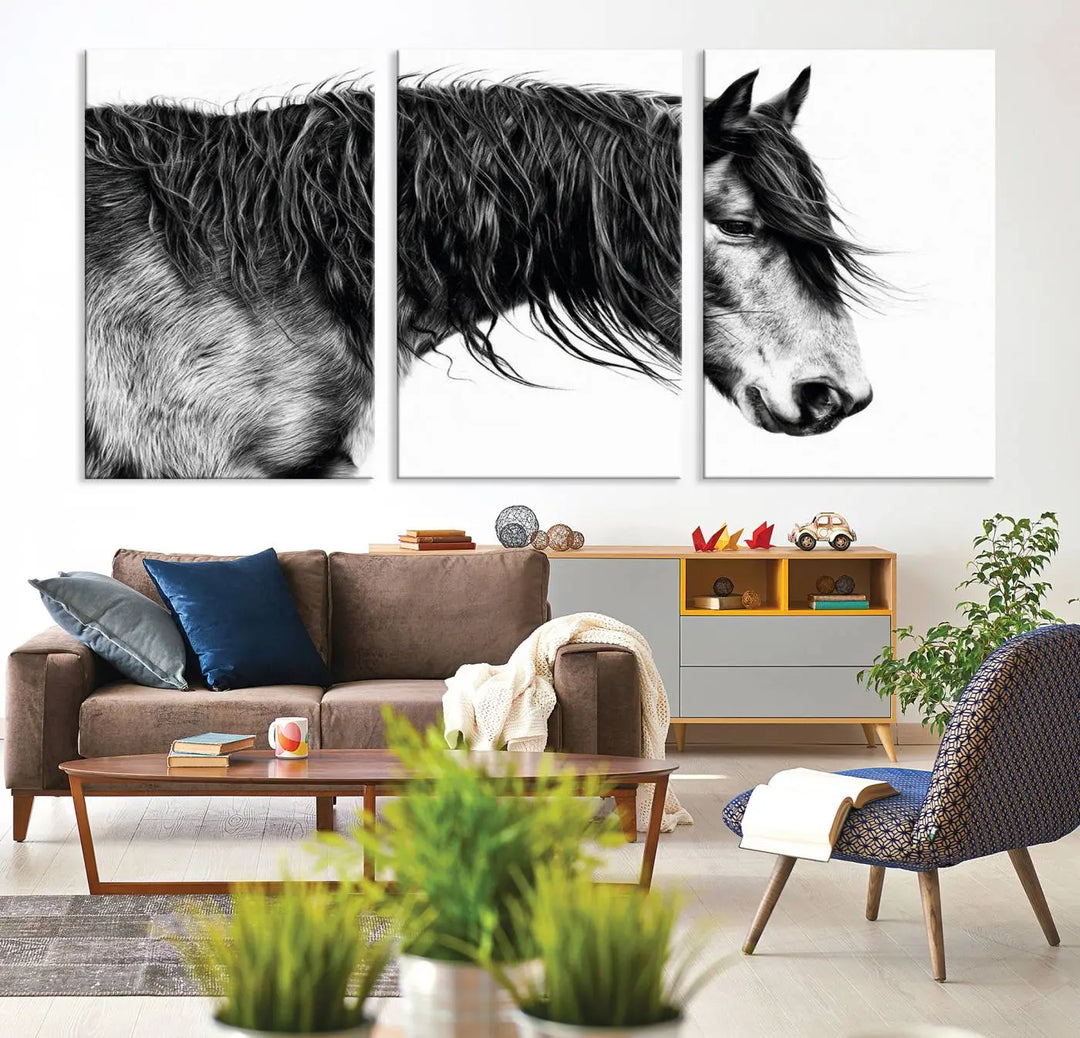 The Black Horse Wall Art Canvas hangs elegantly in a modern kitchen setting.