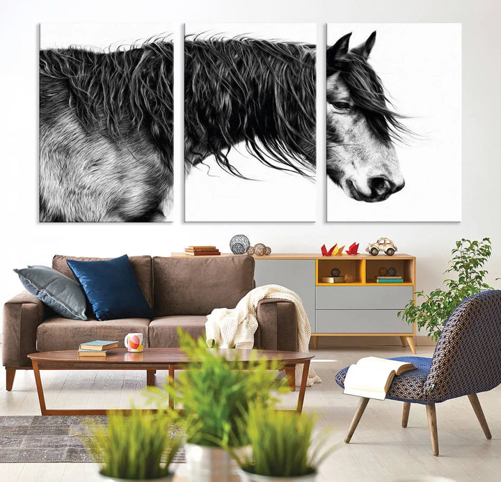 The Black Horse Wall Art Canvas hangs elegantly in a modern kitchen setting.