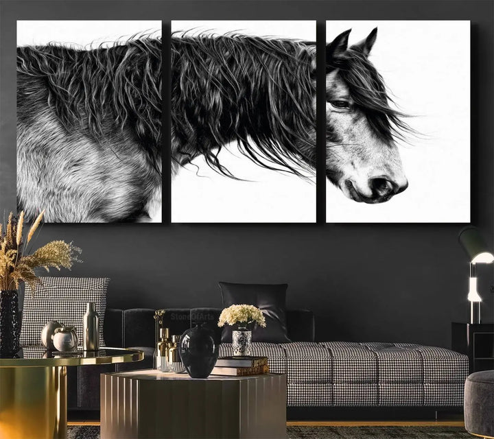 The Black Horse Wall Art Canvas hangs elegantly in a modern kitchen setting.